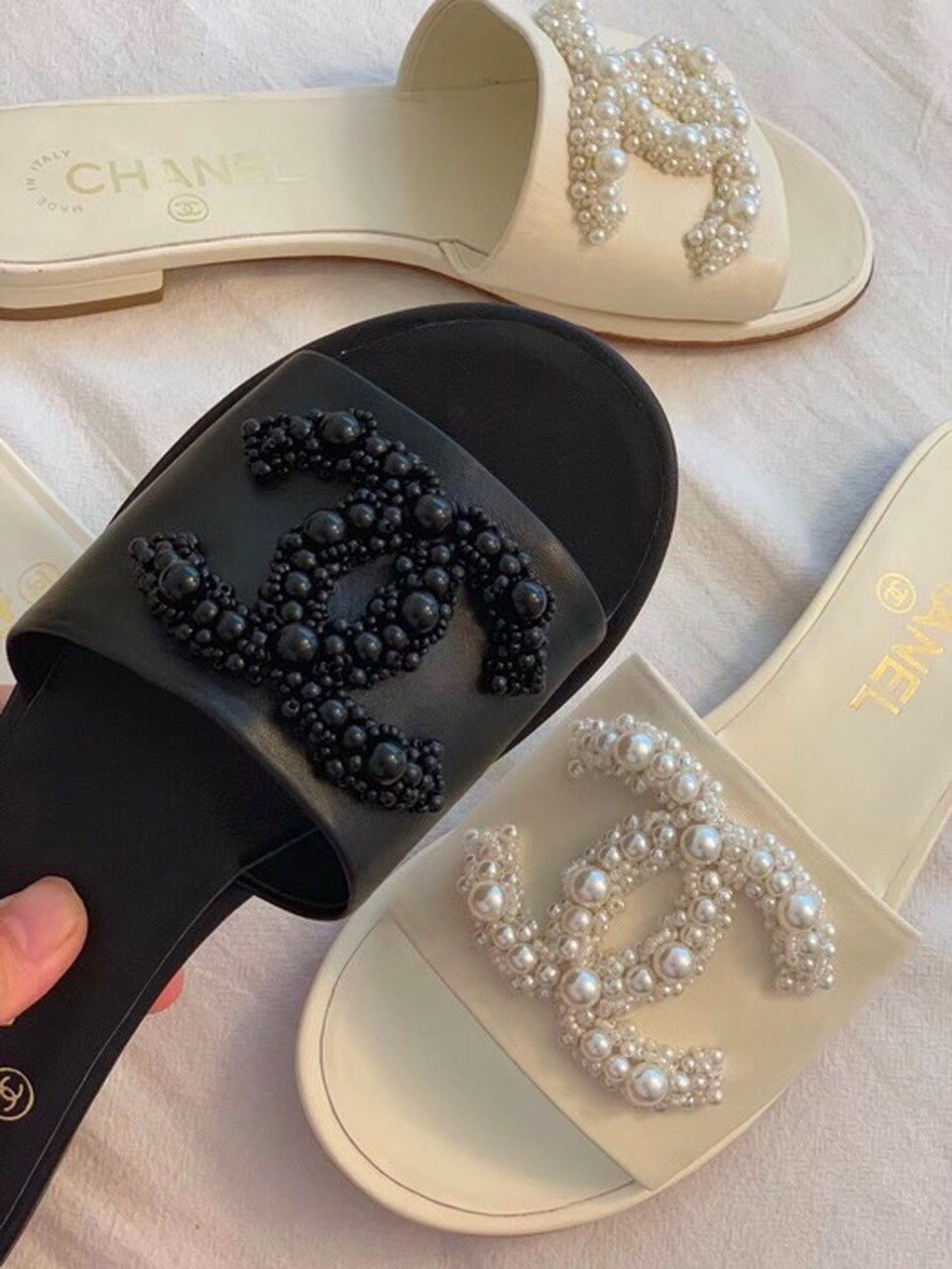 Chanel Pearl Embroidered Sandals Lambskin Leather Spring/Summer Collection Black