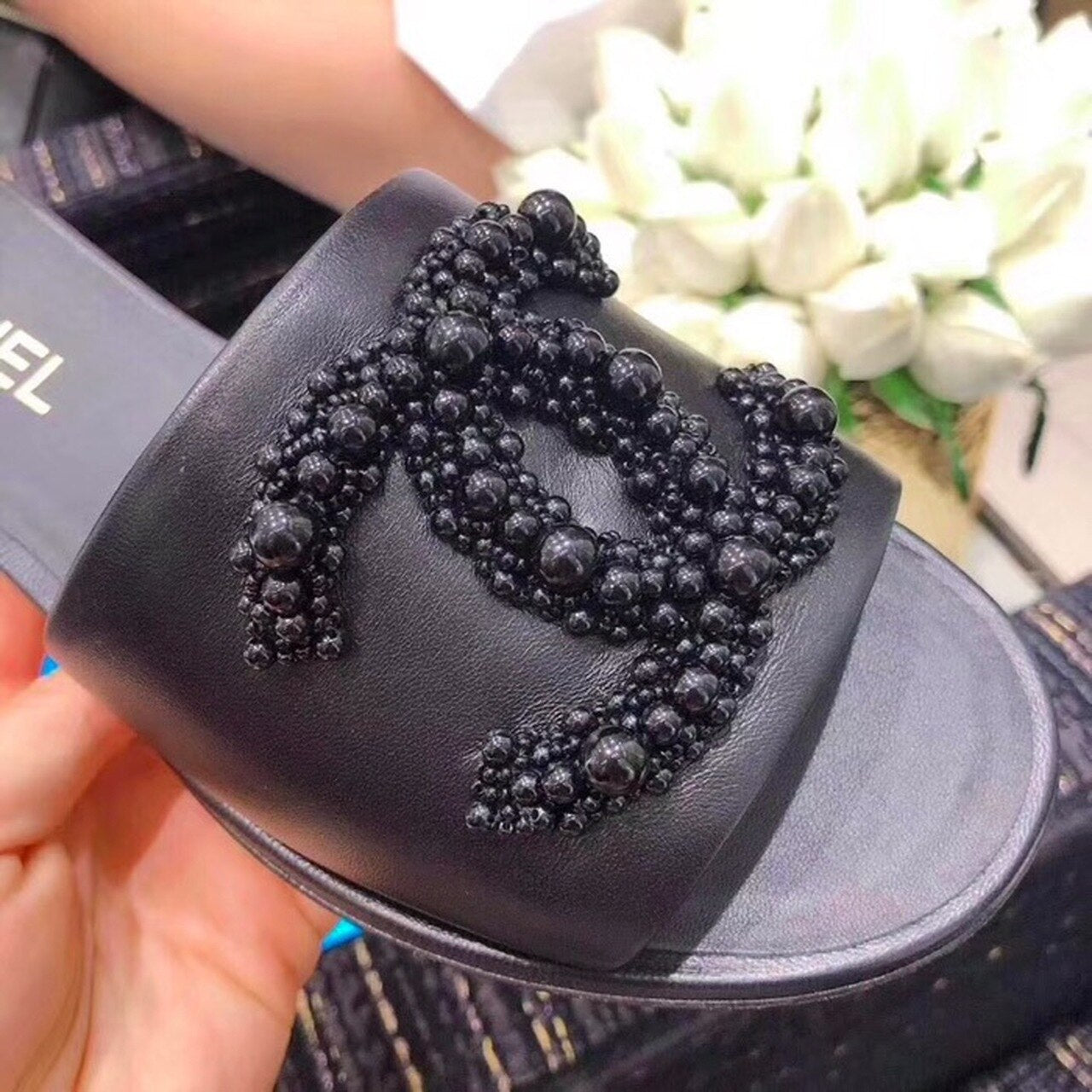 Chanel Pearl Embroidered Sandals Lambskin Leather Spring/Summer Collection Black