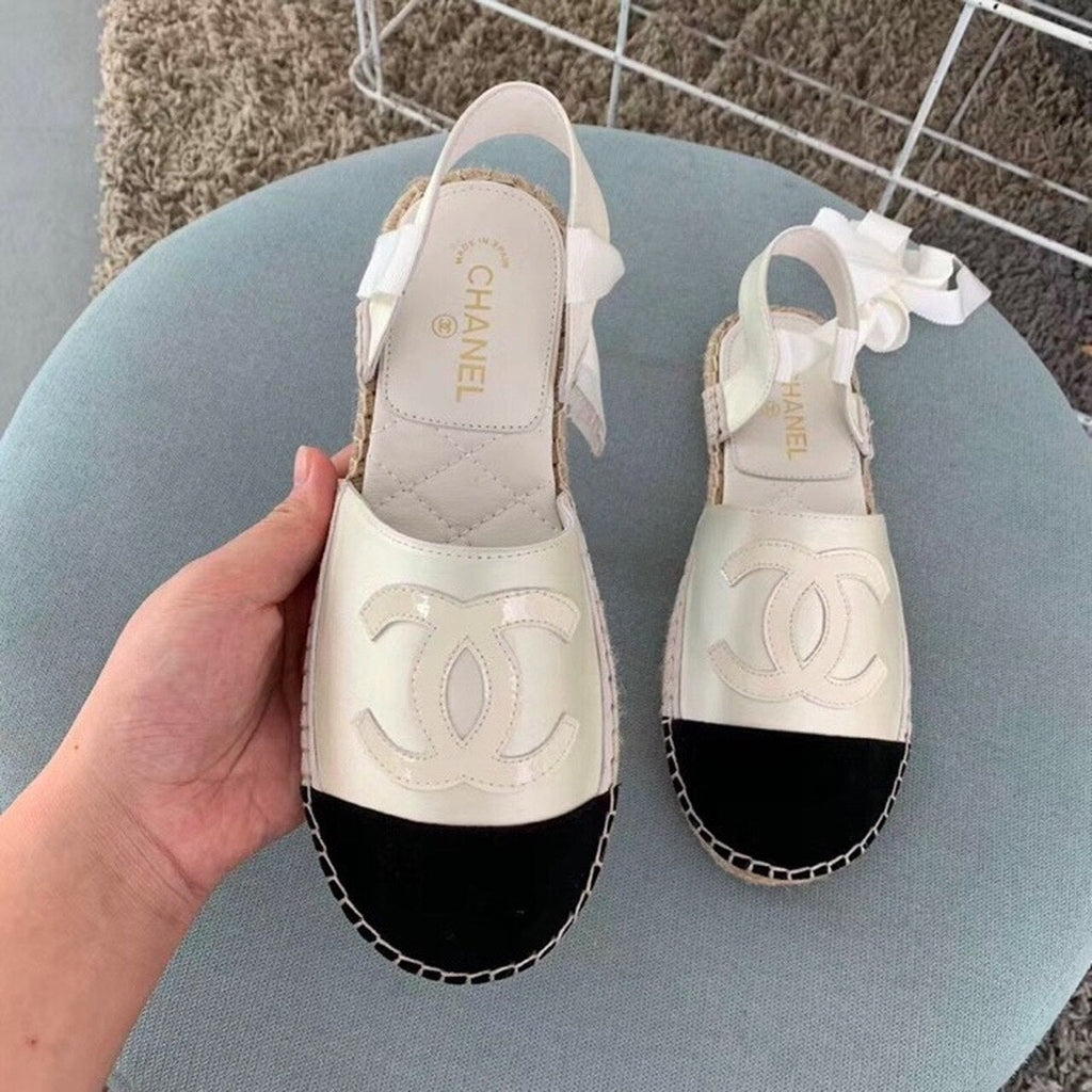 Chanel CC Logo Lace Up Espadrilles Lambskin Leather Spring/Summer Collection Pearl White/Black