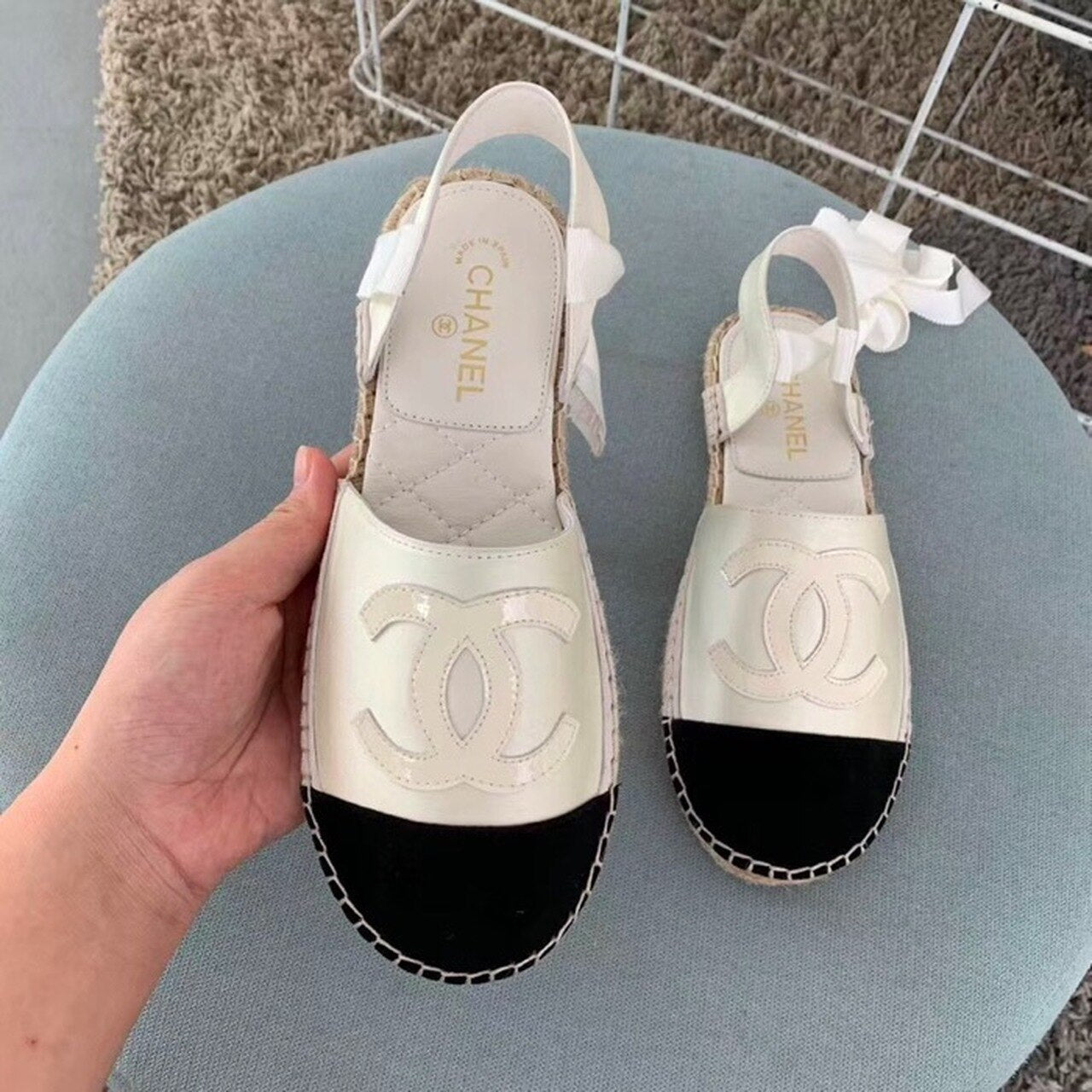 Chanel CC Logo Lace Up Espadrilles Lambskin Leather Spring/Summer Collection Pearl White/Black