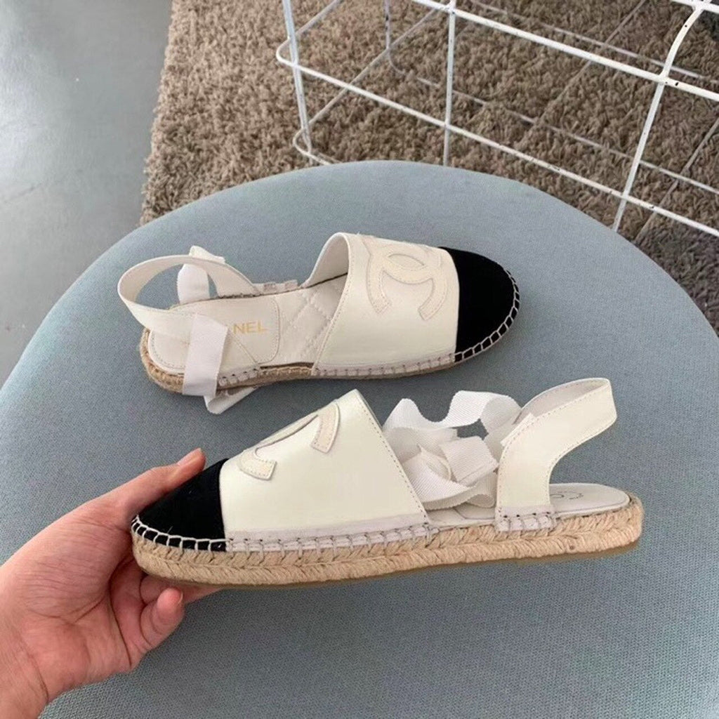 Chanel CC Logo Lace Up Espadrilles Lambskin Leather Spring/Summer Collection Pearl White/Black