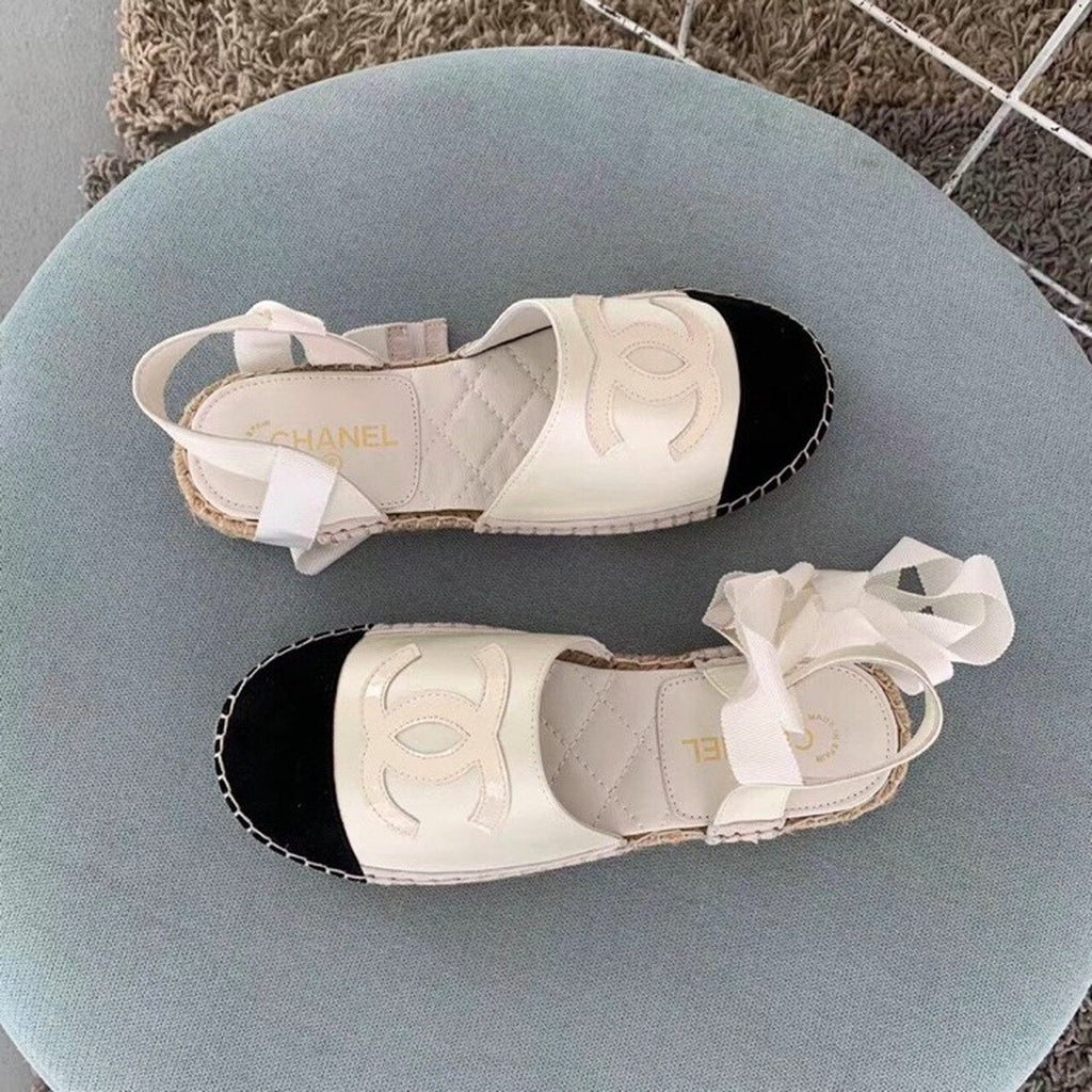 Chanel CC Logo Lace Up Espadrilles Lambskin Leather Spring/Summer Collection Pearl White/Black