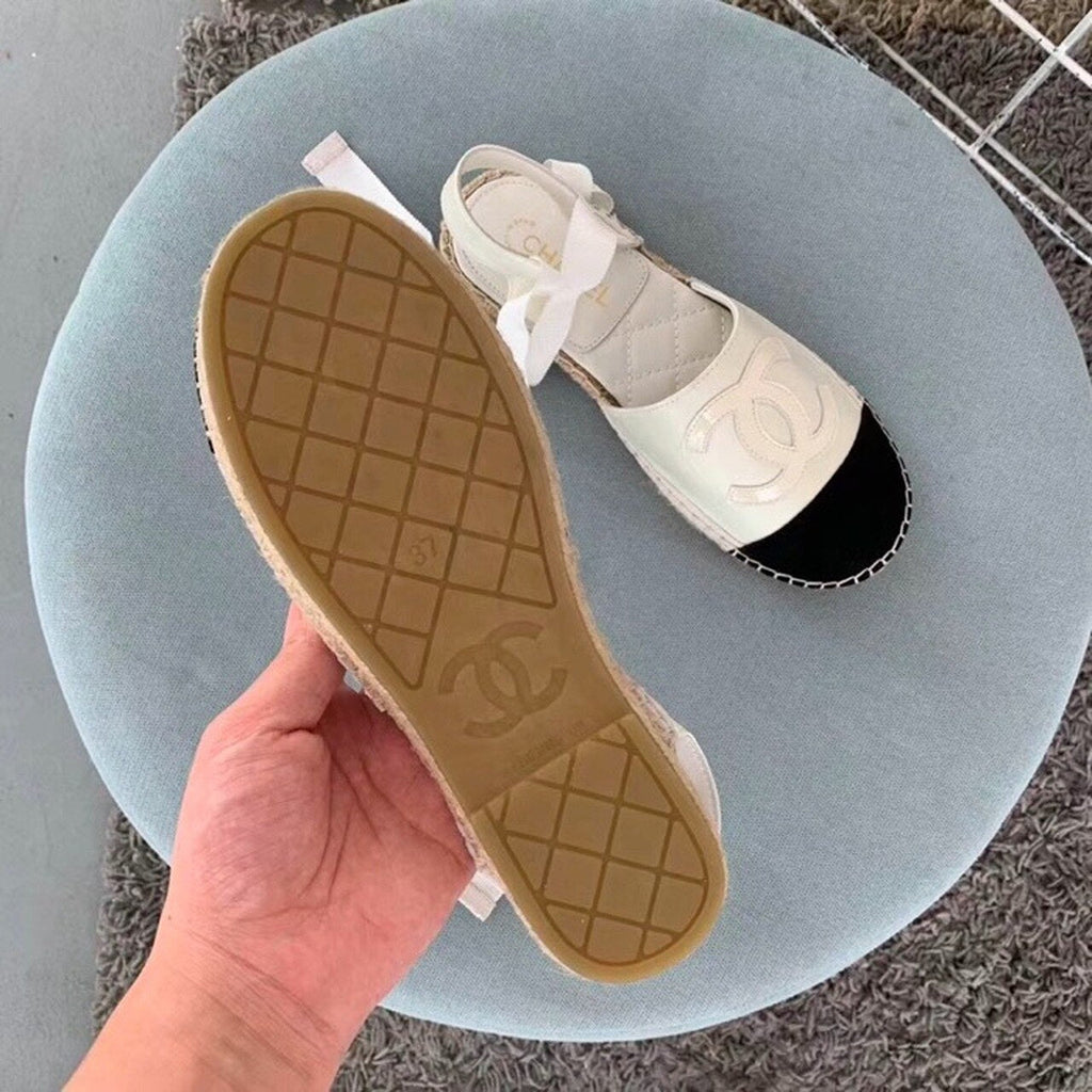 Chanel CC Logo Lace Up Espadrilles Lambskin Leather Spring/Summer Collection Pearl White/Black