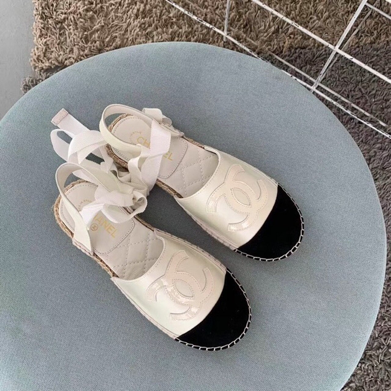 Chanel CC Logo Lace Up Espadrilles Lambskin Leather Spring/Summer Collection Pearl White/Black