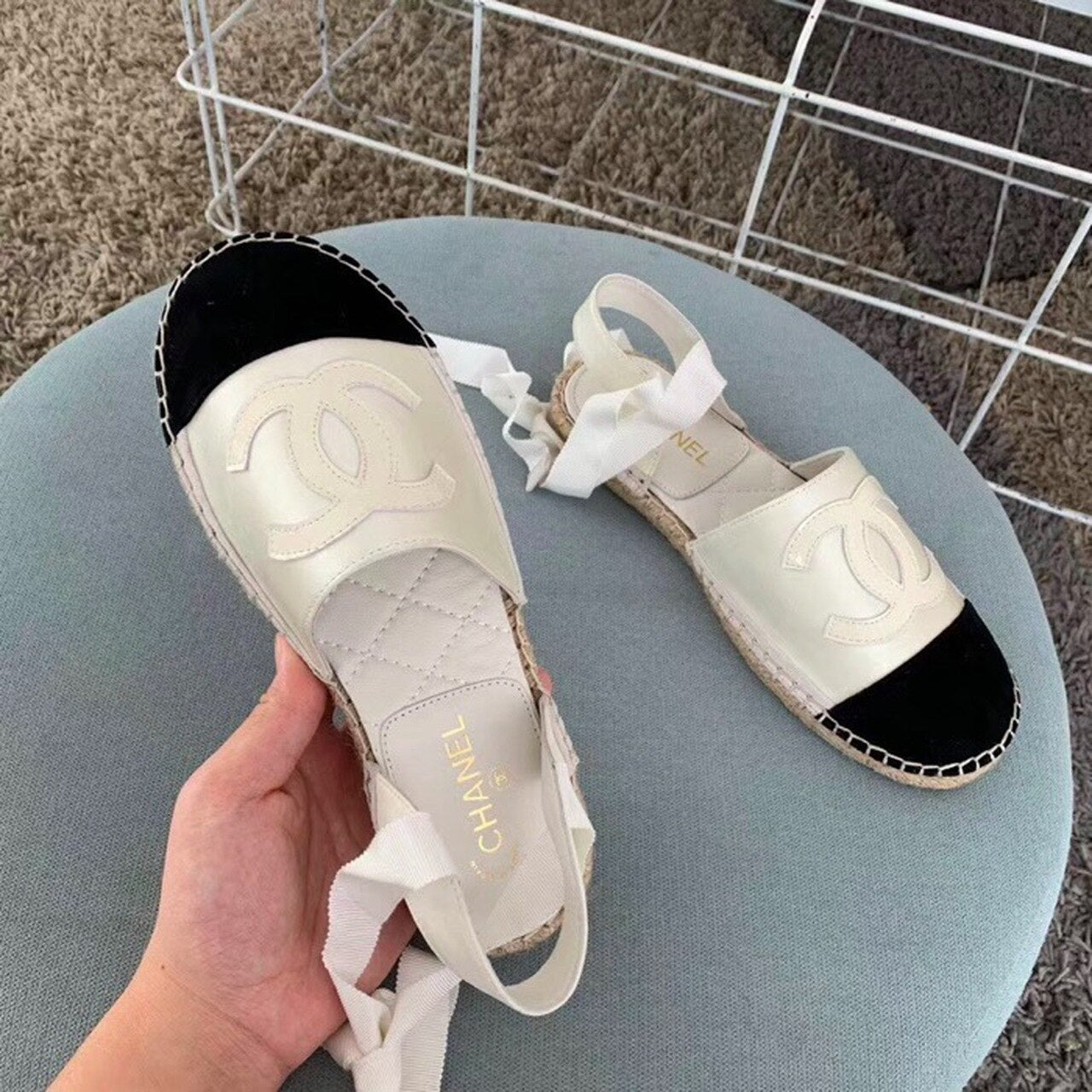 Chanel CC Logo Lace Up Espadrilles Lambskin Leather Spring/Summer Collection Pearl White/Black