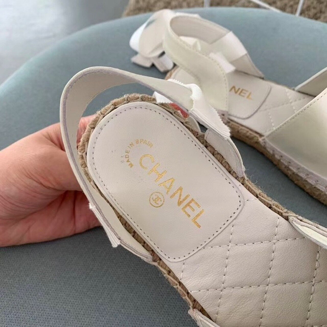 Chanel CC Logo Lace Up Espadrilles Lambskin Leather Spring/Summer Collection Pearl White/Black