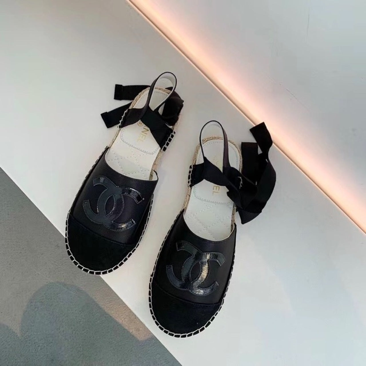 Chanel CC Logo Lace Up Espadrilles Lambskin Leather Spring/Summer Collection Black/Black