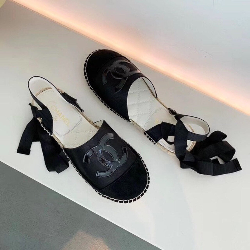 Chanel CC Logo Lace Up Espadrilles Lambskin Leather Spring/Summer Collection Black/Black
