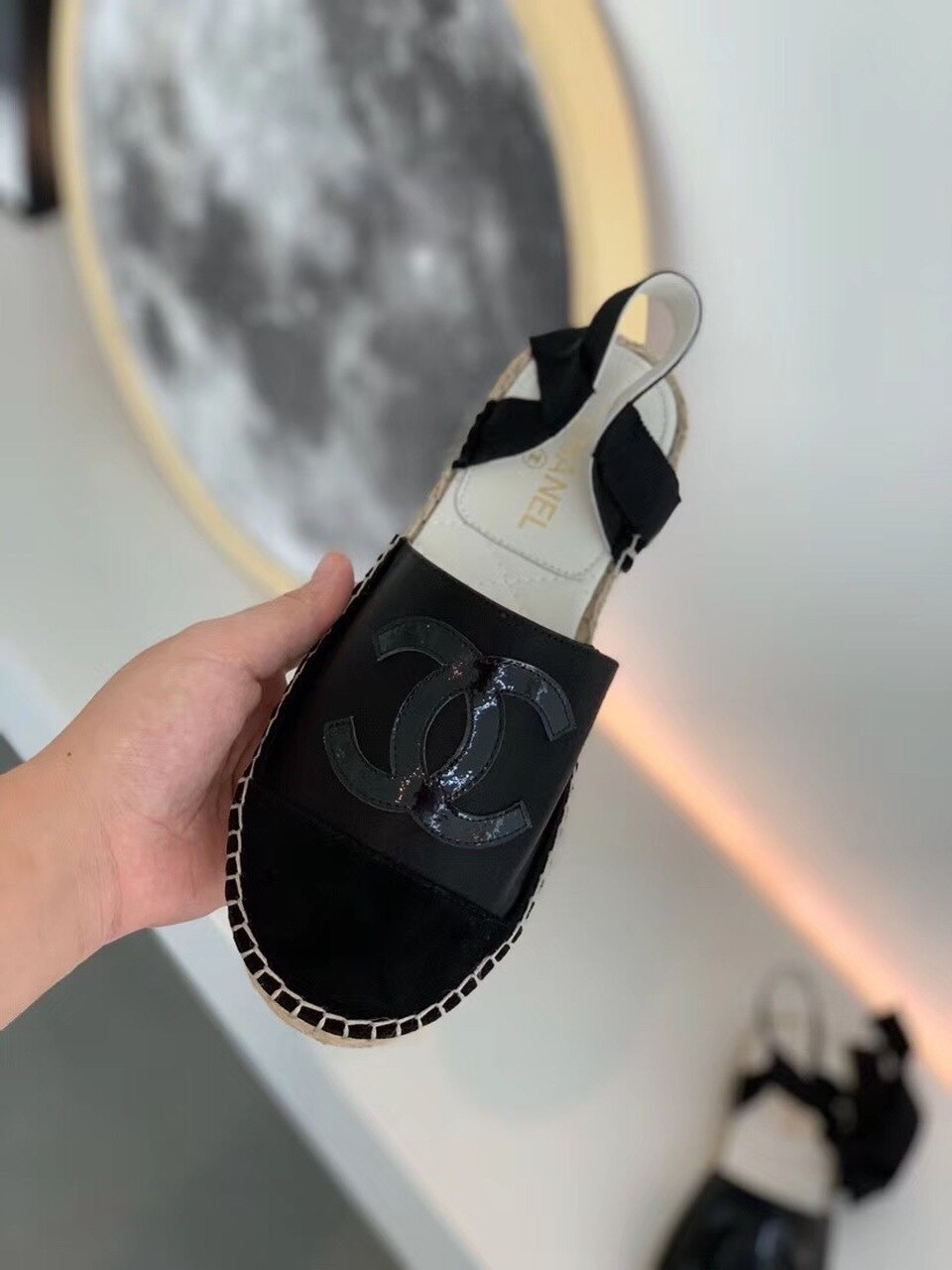 Chanel CC Logo Lace Up Espadrilles Lambskin Leather Spring/Summer Collection Black/Black