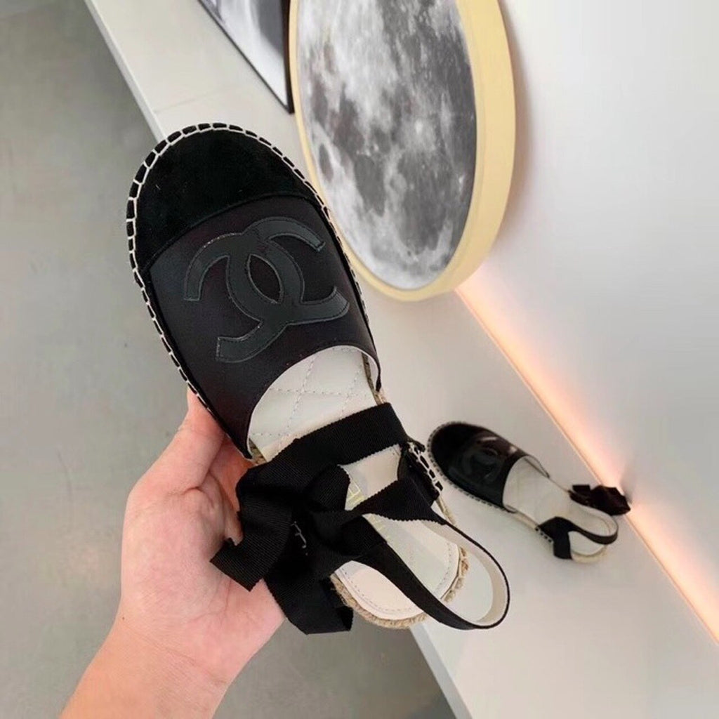 Chanel CC Logo Lace Up Espadrilles Lambskin Leather Spring/Summer Collection Black/Black