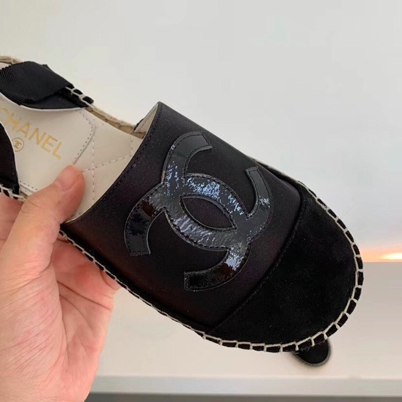 Chanel CC Logo Lace Up Espadrilles Lambskin Leather Spring/Summer Collection Black/Black