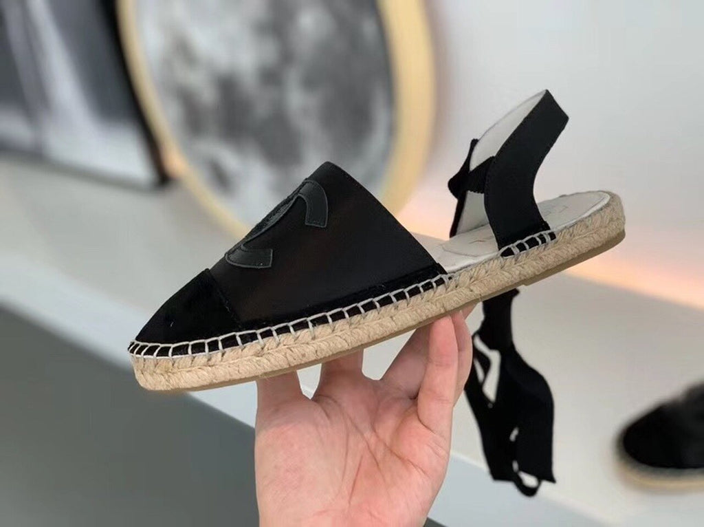 Chanel CC Logo Lace Up Espadrilles Lambskin Leather Spring/Summer Collection Black/Black