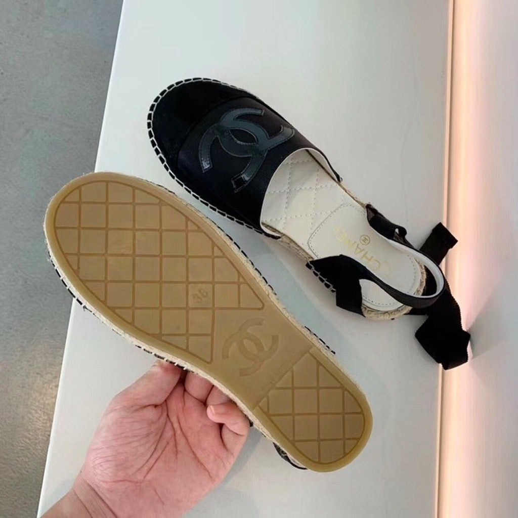 Chanel CC Logo Lace Up Espadrilles Lambskin Leather Spring/Summer Collection Black/Black