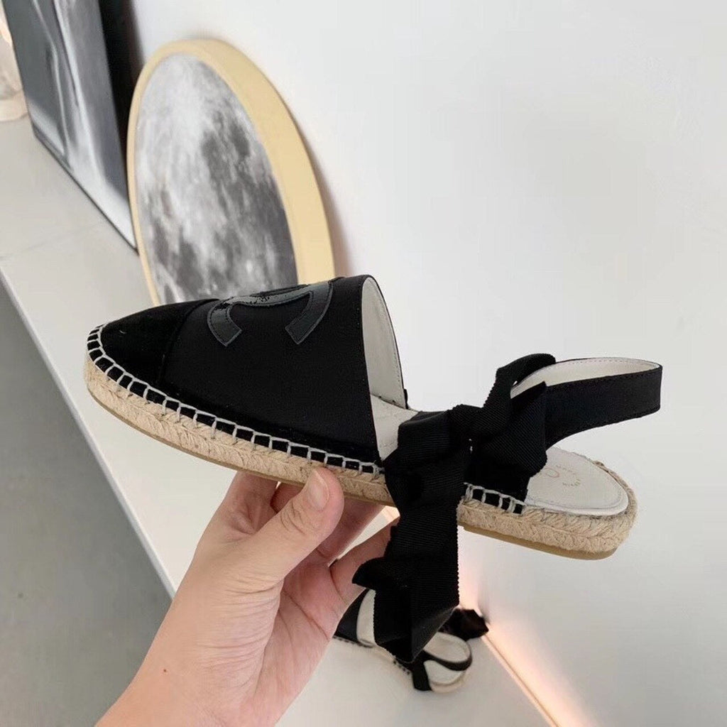 Chanel CC Logo Lace Up Espadrilles Lambskin Leather Spring/Summer Collection Black/Black