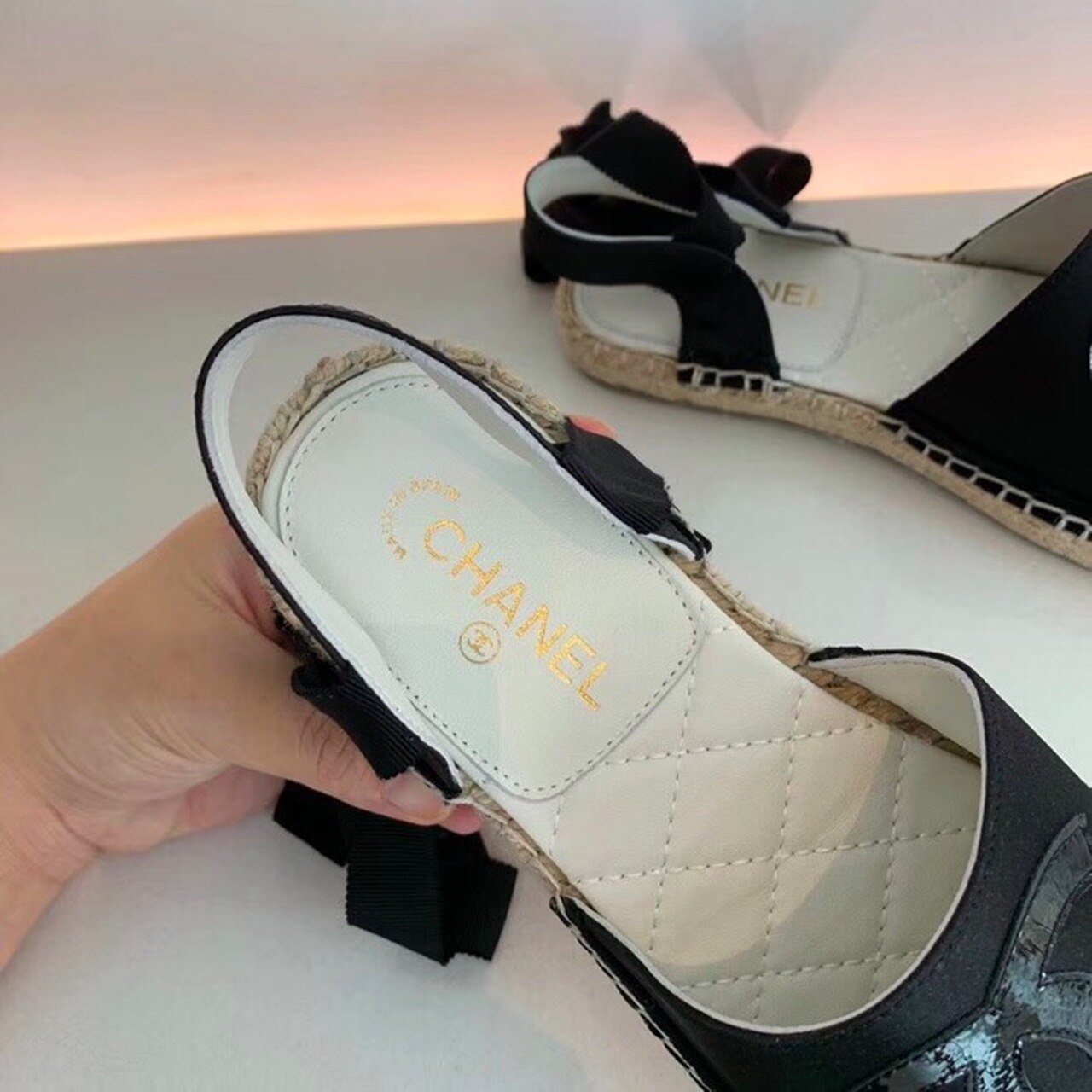 Chanel CC Logo Lace Up Espadrilles Lambskin Leather Spring/Summer Collection Black/Black
