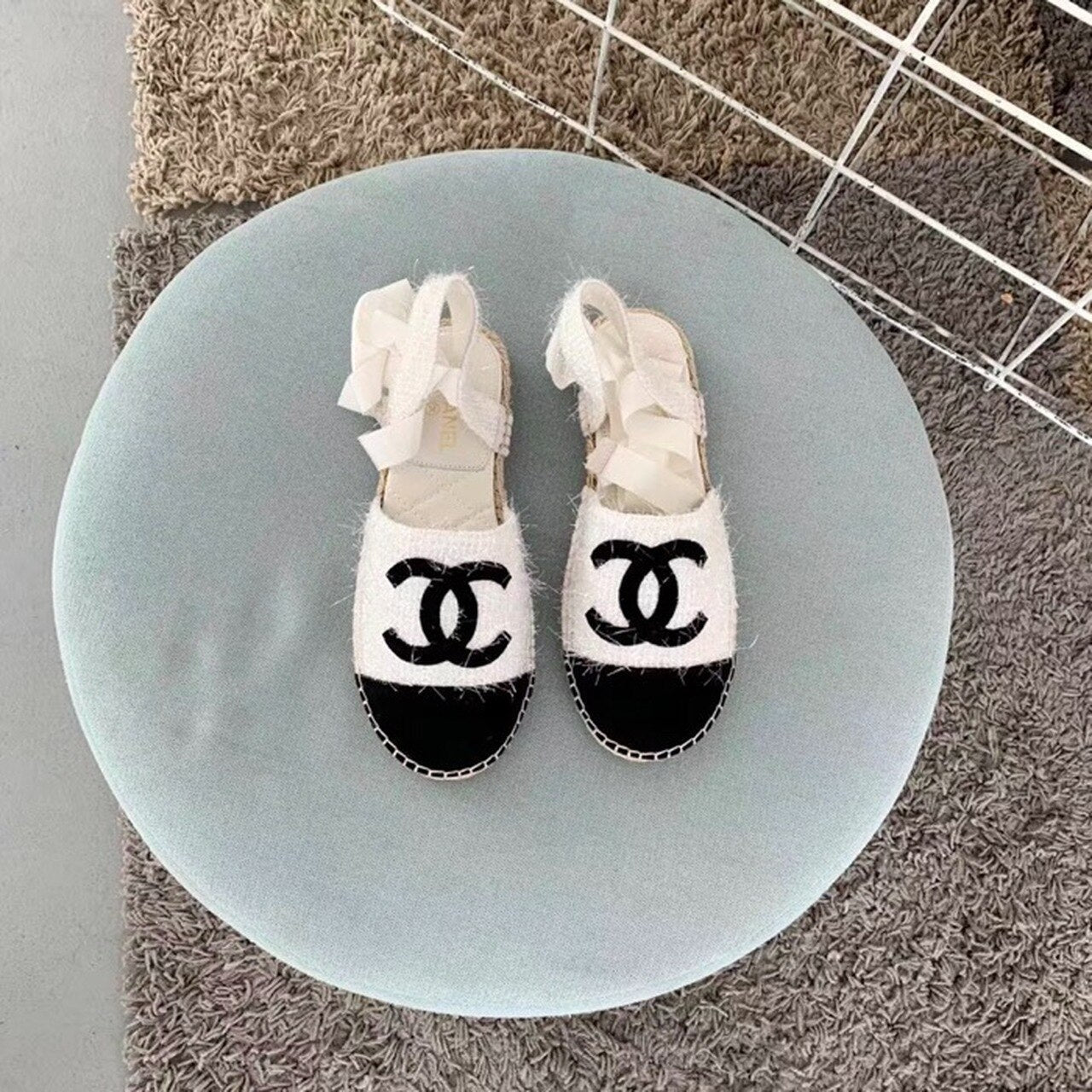 Chanel CC Logo Lace Up Espadrilles Fabric/Suede Lambskin Leather Spring/Summer Collection White/Black