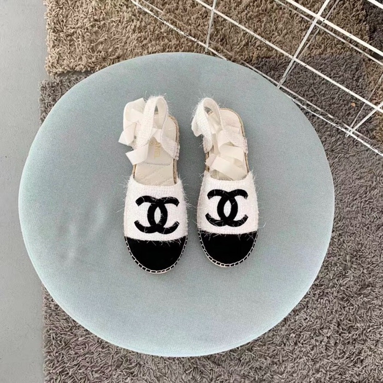 Chanel CC Logo Lace Up Espadrilles Fabric/Suede Lambskin Leather Spring/Summer Collection White/Black