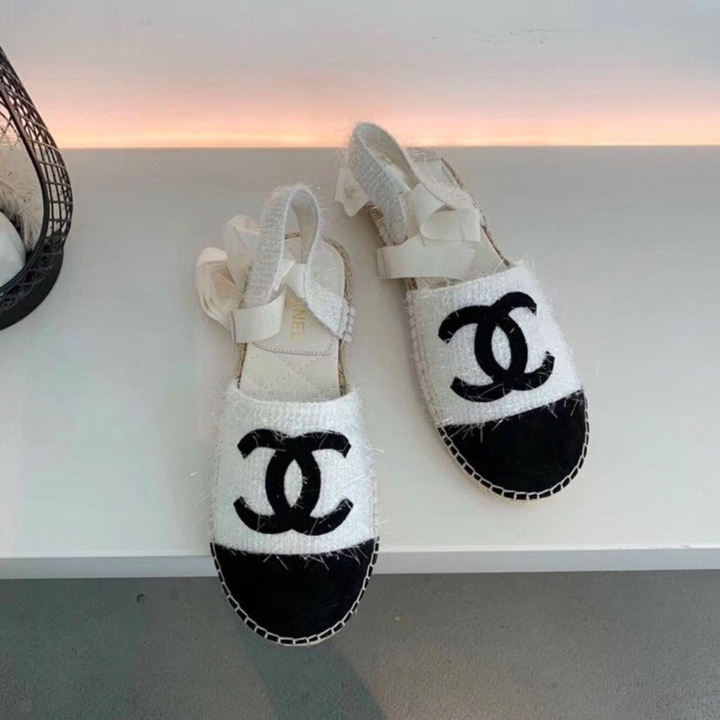 Chanel CC Logo Lace Up Espadrilles Fabric/Suede Lambskin Leather Spring/Summer Collection White/Black