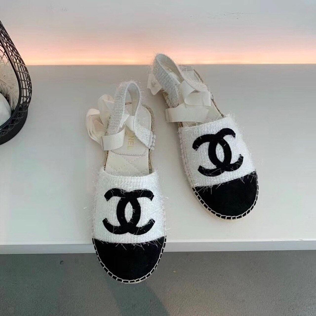 Chanel CC Logo Lace Up Espadrilles Fabric/Suede Lambskin Leather Spring/Summer Collection White/Black
