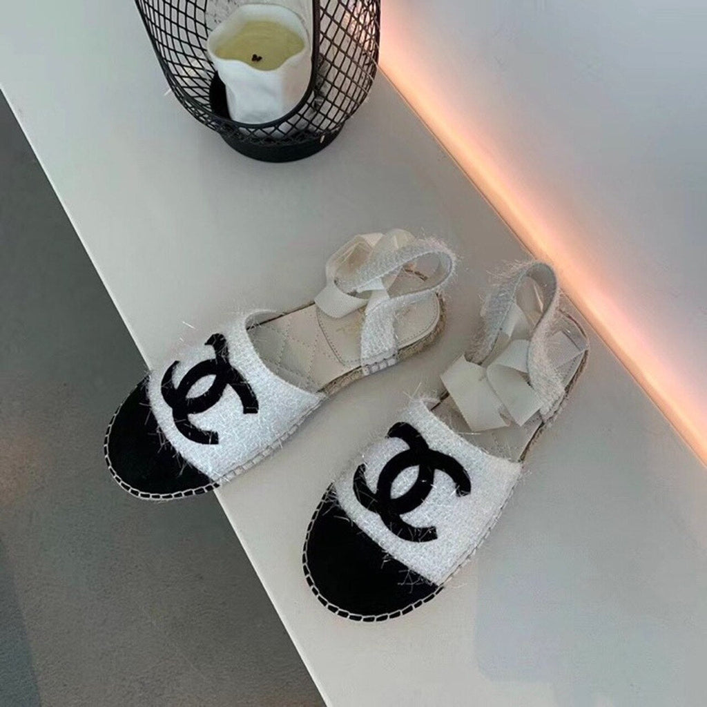 Chanel CC Logo Lace Up Espadrilles Fabric/Suede Lambskin Leather Spring/Summer Collection White/Black