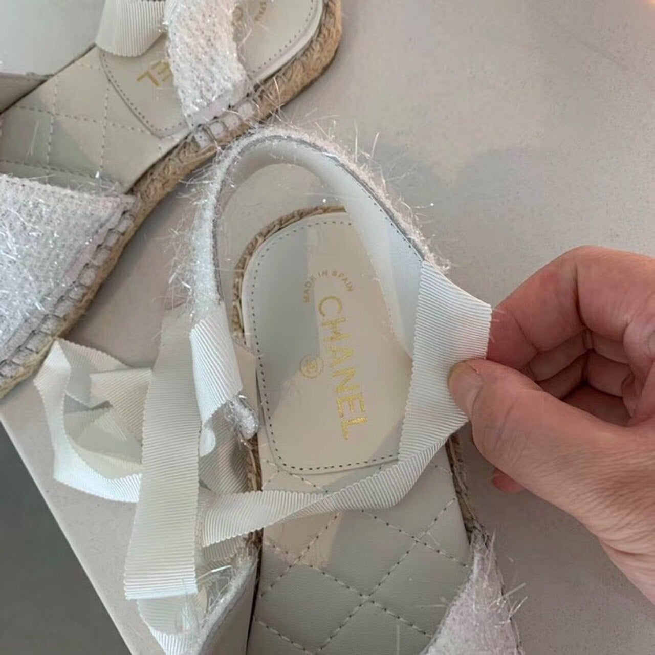Chanel CC Logo Lace Up Espadrilles Fabric/Suede Lambskin Leather Spring/Summer Collection White/Black