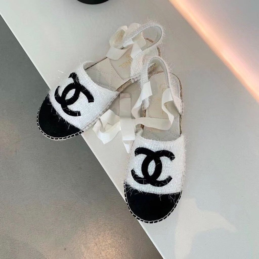 Chanel CC Logo Lace Up Espadrilles Fabric/Suede Lambskin Leather Spring/Summer Collection White/Black