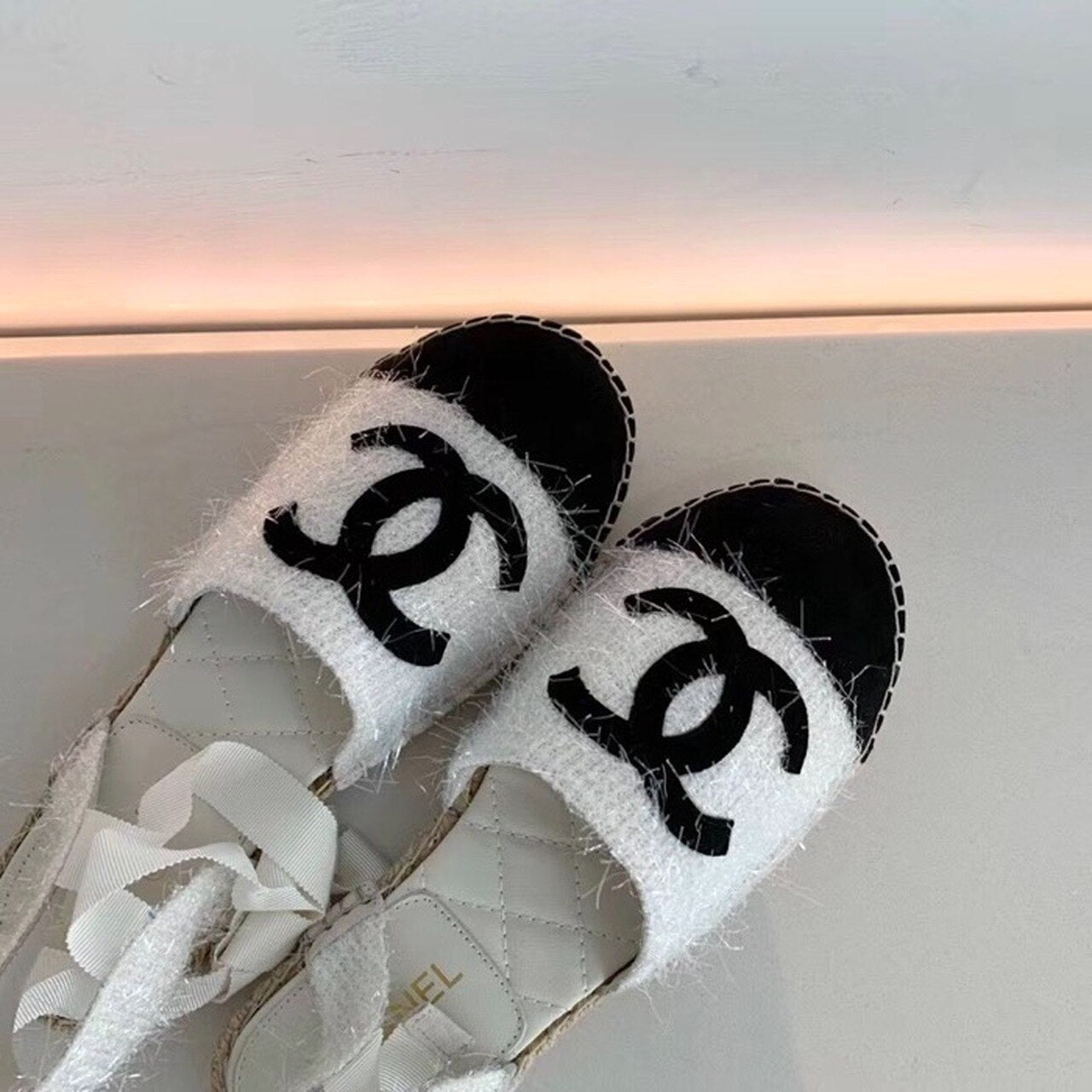 Chanel CC Logo Lace Up Espadrilles Fabric/Suede Lambskin Leather Spring/Summer Collection White/Black
