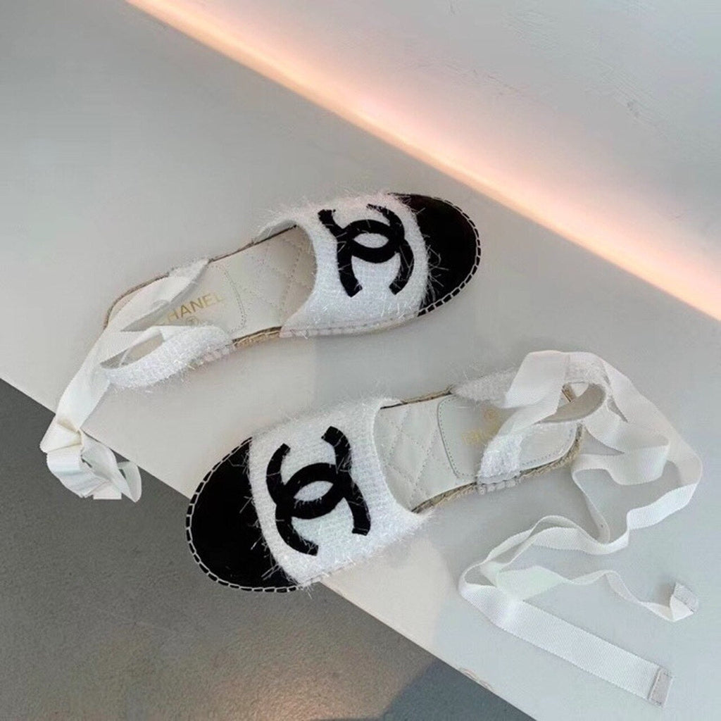 Chanel CC Logo Lace Up Espadrilles Fabric/Suede Lambskin Leather Spring/Summer Collection White/Black