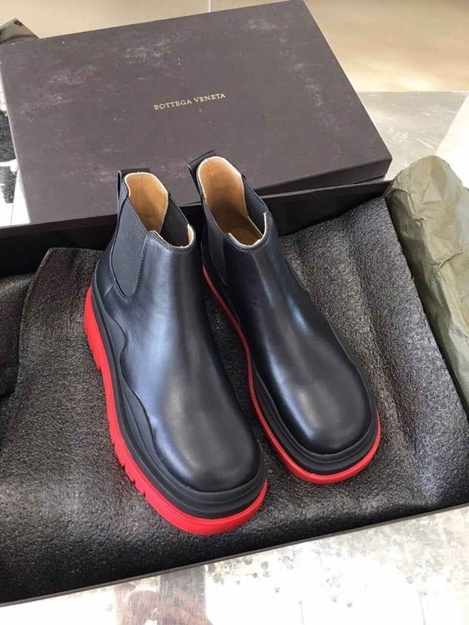 Bottega Veneta Flat Triple-Sole Leather Booties Calfskin Leather Fall/Winter 2020 Collection, Black/Red