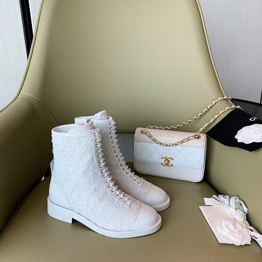 Chanel Tweed Lace Up Combat Boots Calfskin Leather Spring/Summe Collection, White