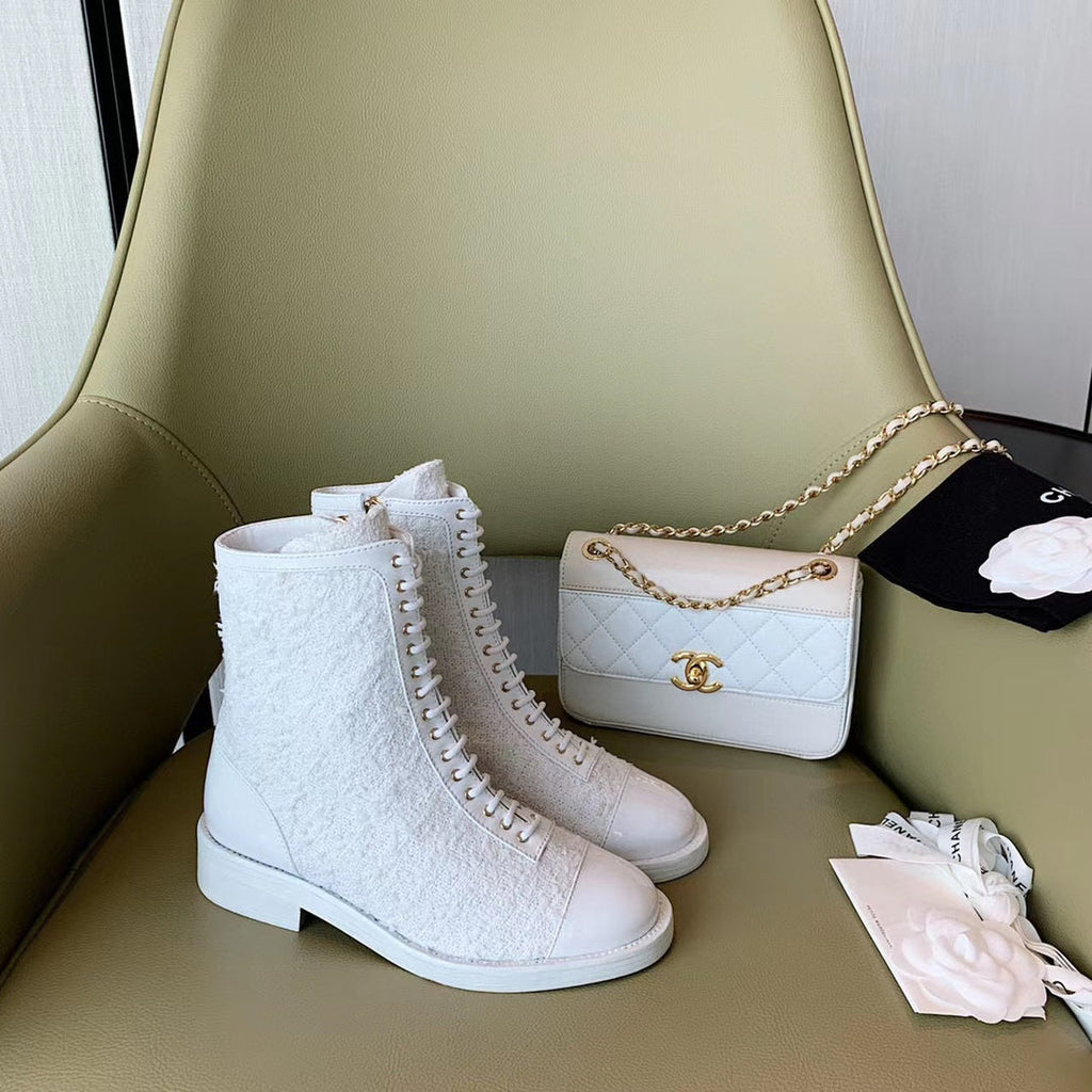Chanel Tweed Lace Up Combat Boots Calfskin Leather Spring/Summe Collection, White