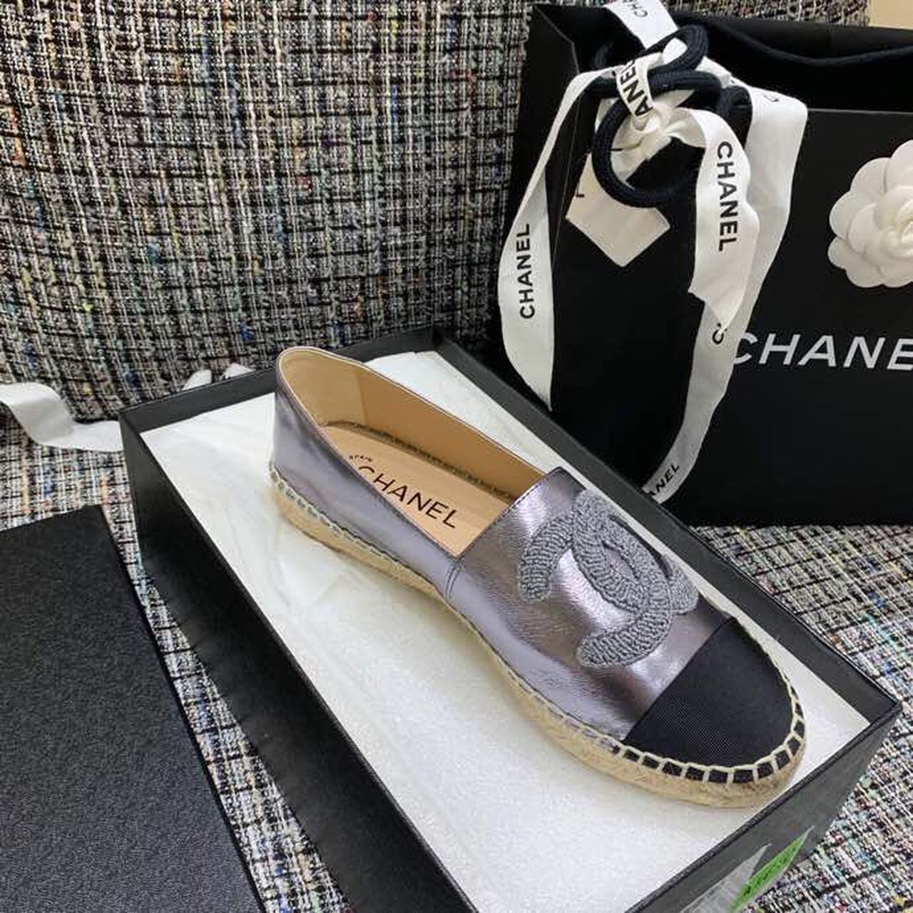 Chanel CC Logo Espadrilles Lambskin Leather Spring/Summer Act 1 Collection, Metallic Grey
