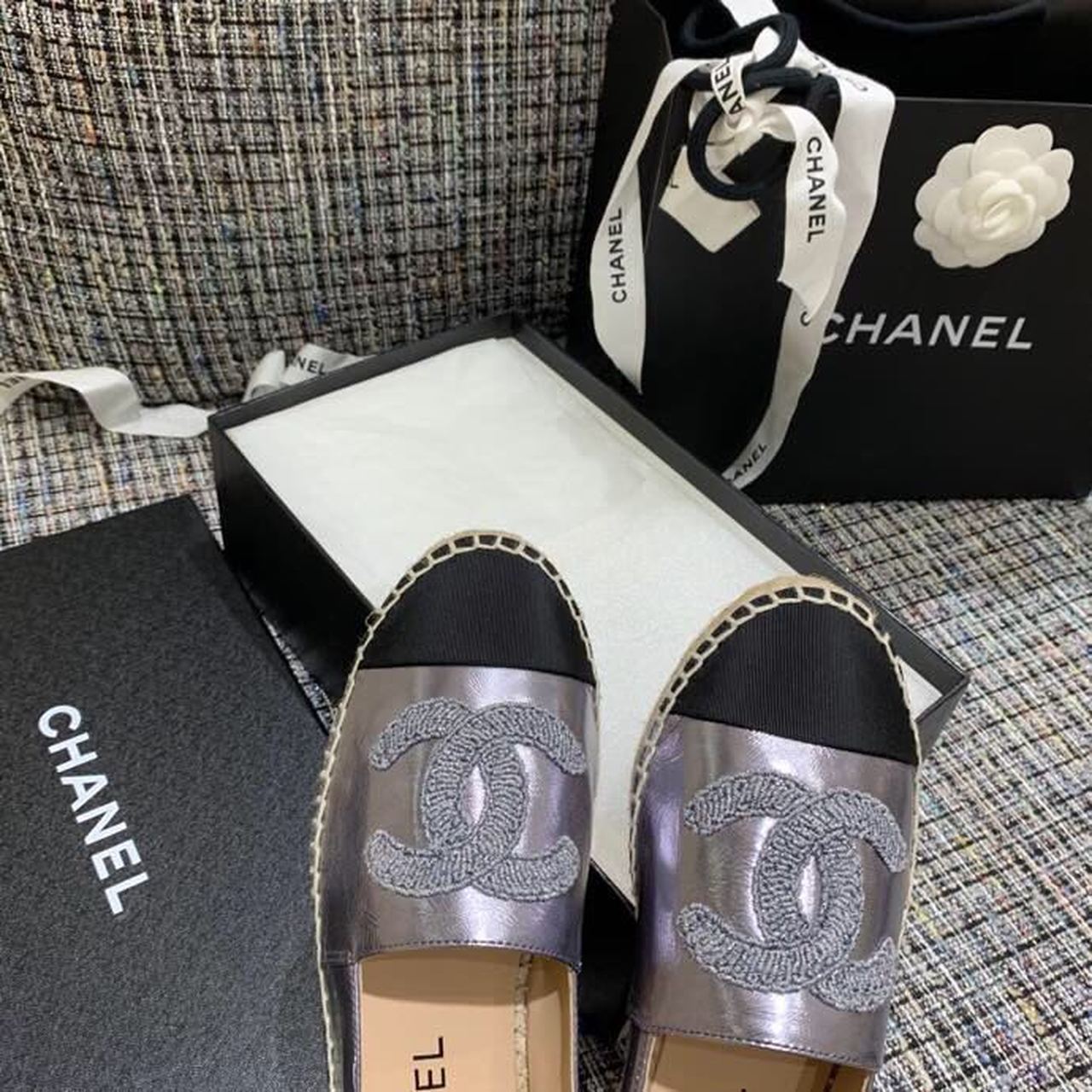 Chanel CC Logo Espadrilles Lambskin Leather Spring/Summer Act 1 Collection, Metallic Grey
