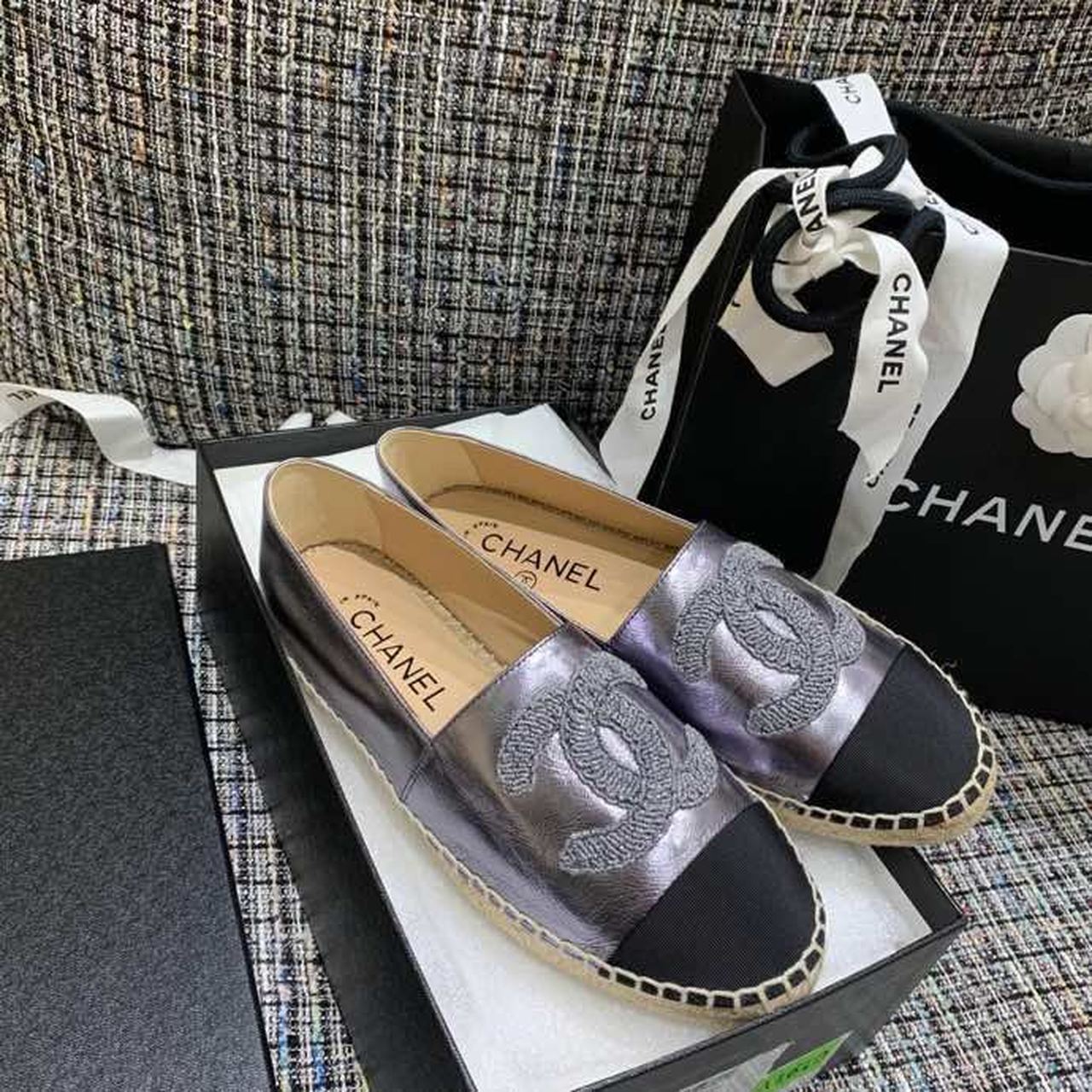 Chanel CC Logo Espadrilles Lambskin Leather Spring/Summer Act 1 Collection, Metallic Grey
