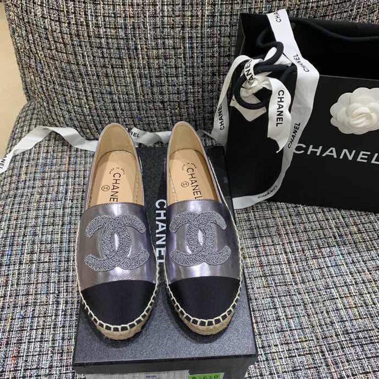 Chanel CC Logo Espadrilles Lambskin Leather Spring/Summer Act 1 Collection, Metallic Grey
