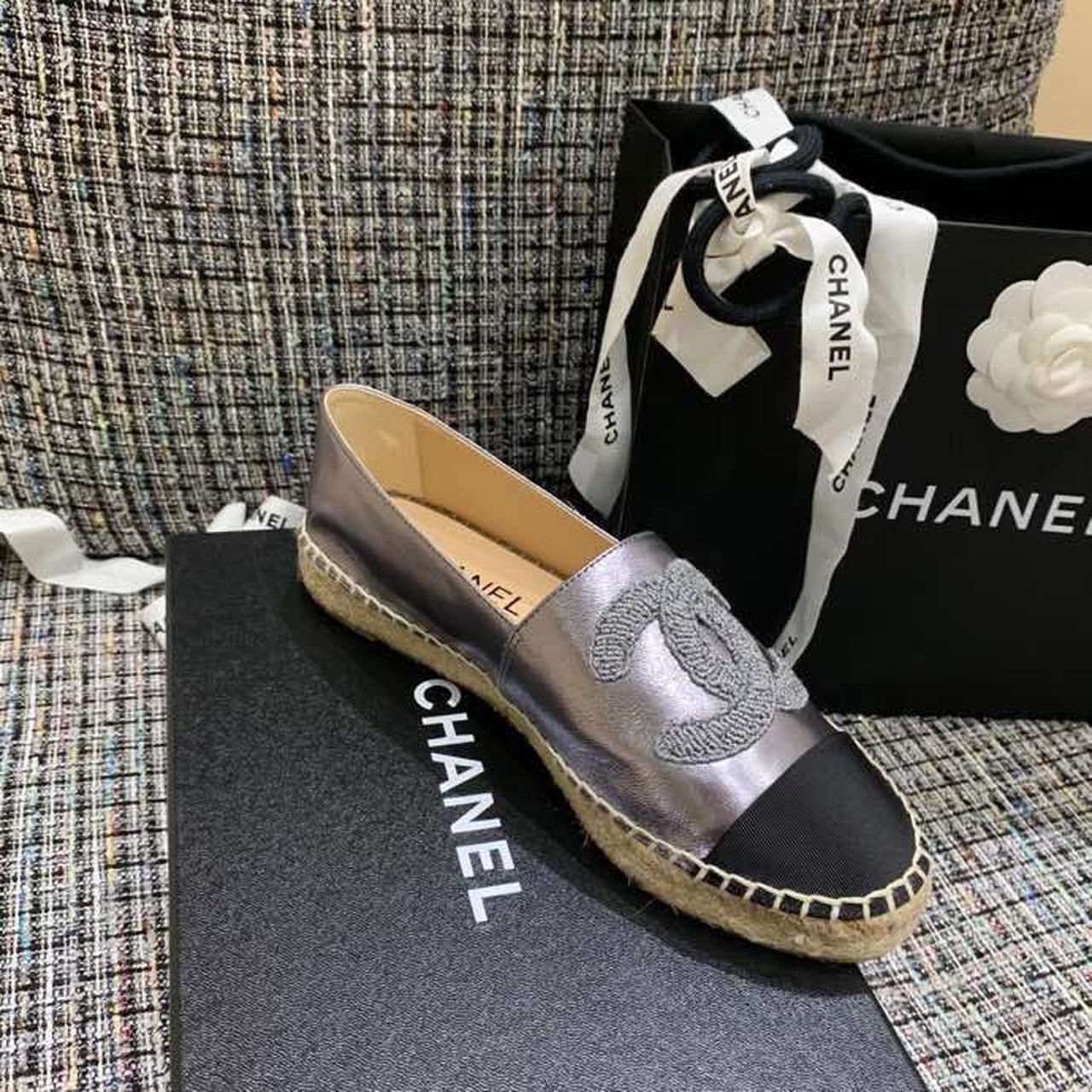 Chanel CC Logo Espadrilles Lambskin Leather Spring/Summer Act 1 Collection, Metallic Grey