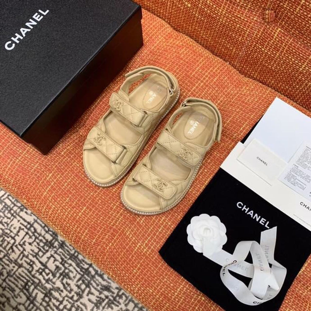 Chanel CC Logo Velcro Sandals Lambskin Leather Spring/Summer Collection Beige