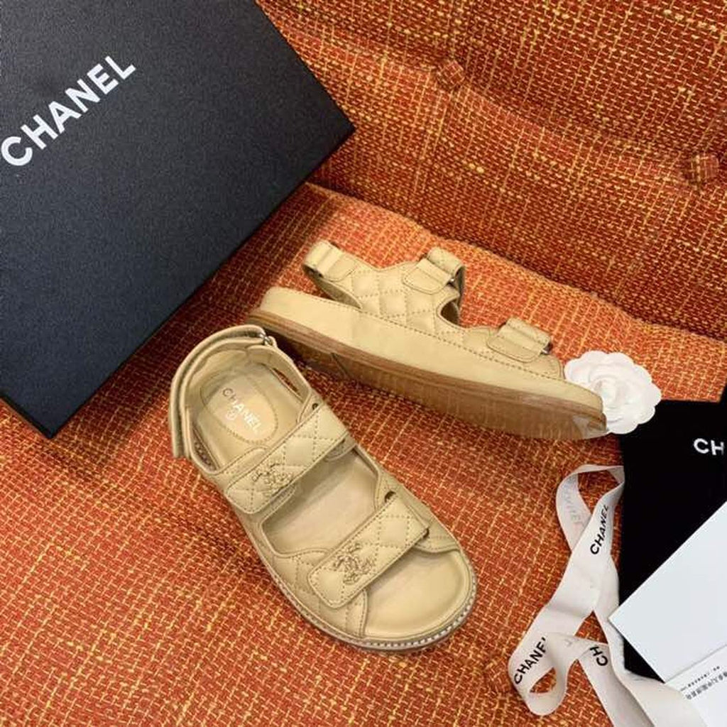 Chanel CC Logo Velcro Sandals Lambskin Leather Spring/Summer Collection Beige