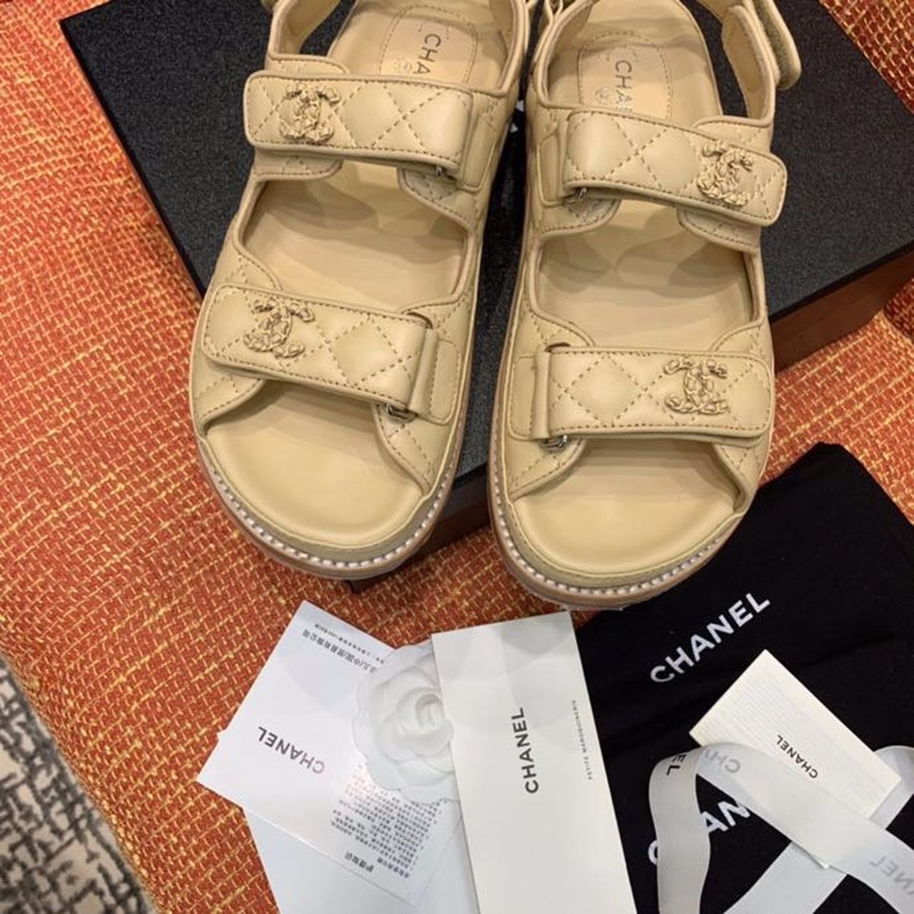 Chanel CC Logo Velcro Sandals Lambskin Leather Spring/Summer Collection Beige