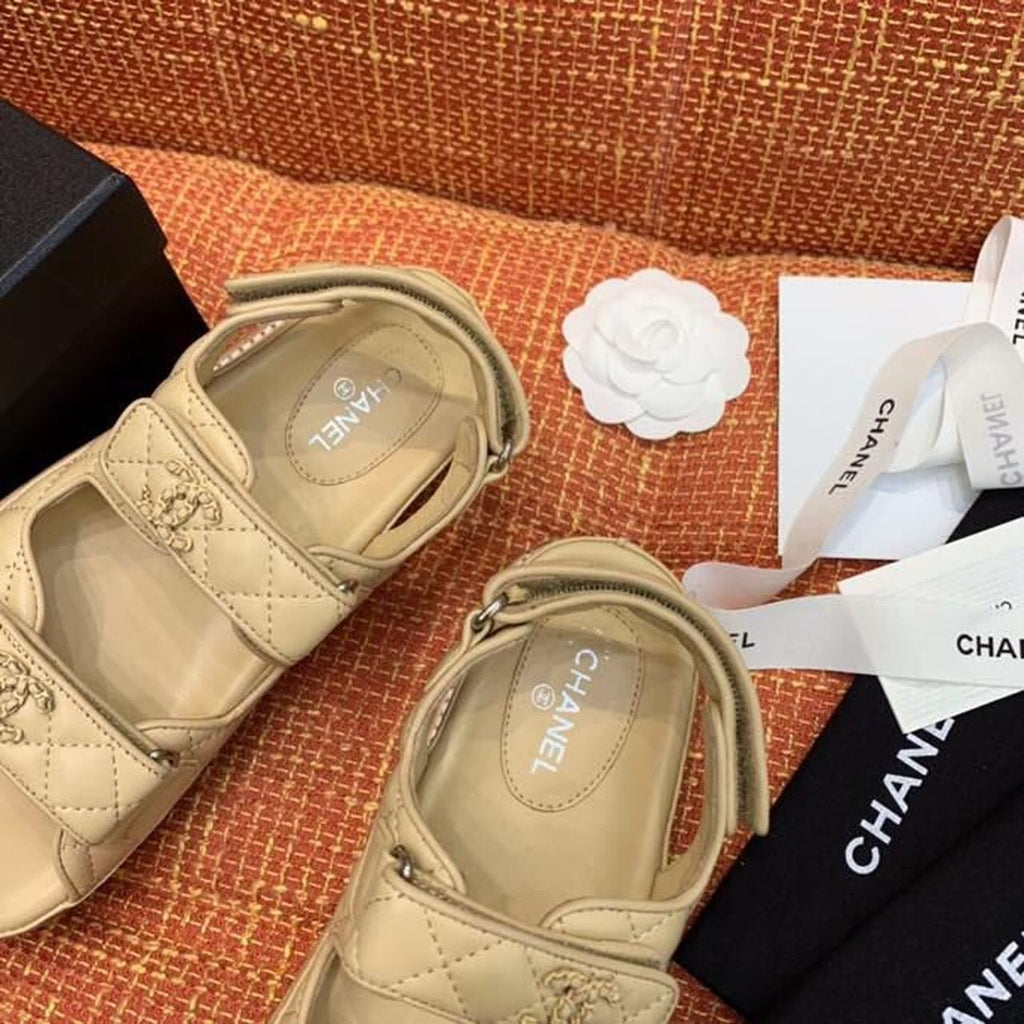 Chanel CC Logo Velcro Sandals Lambskin Leather Spring/Summer Collection Beige