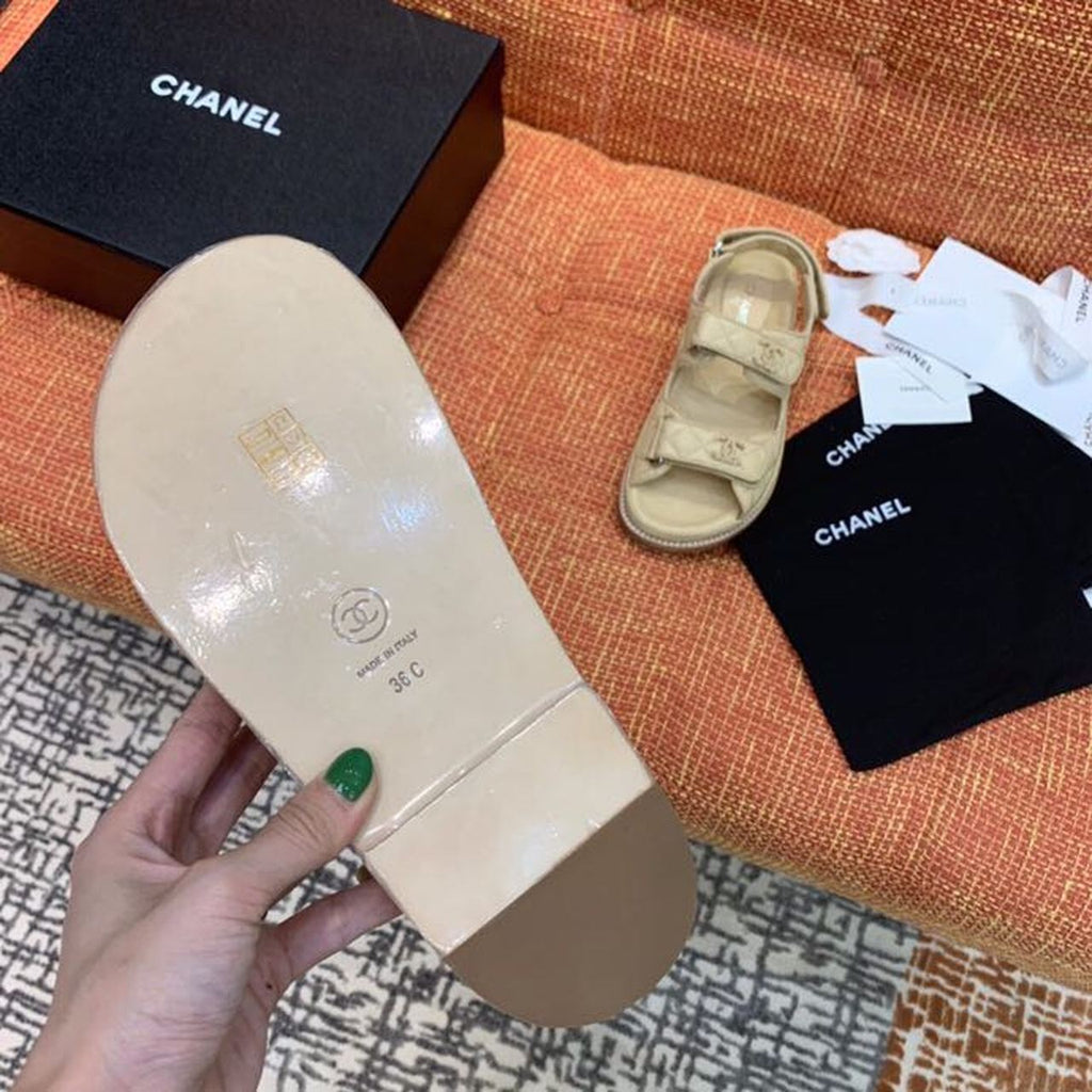 Chanel CC Logo Velcro Sandals Lambskin Leather Spring/Summer Collection Beige