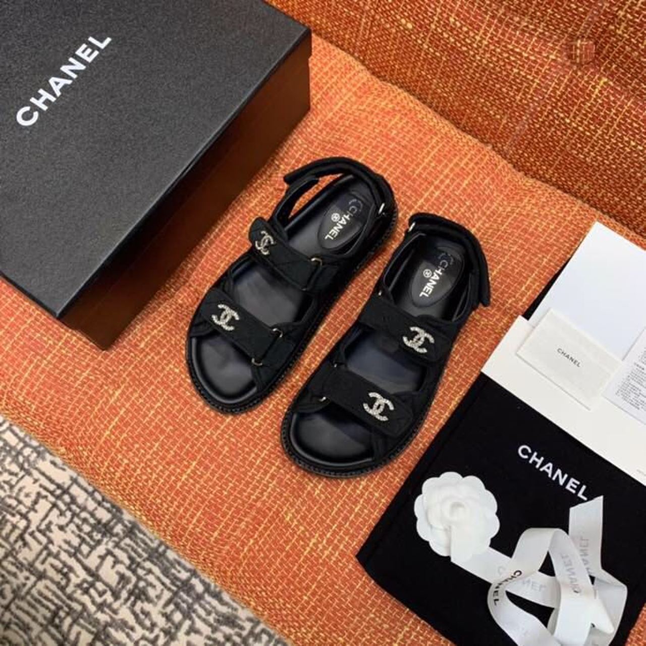 Chanel Jeweled CC Logo Jersey Velcro Sandals Lambskin Leather Spring/Summer Collection, Black