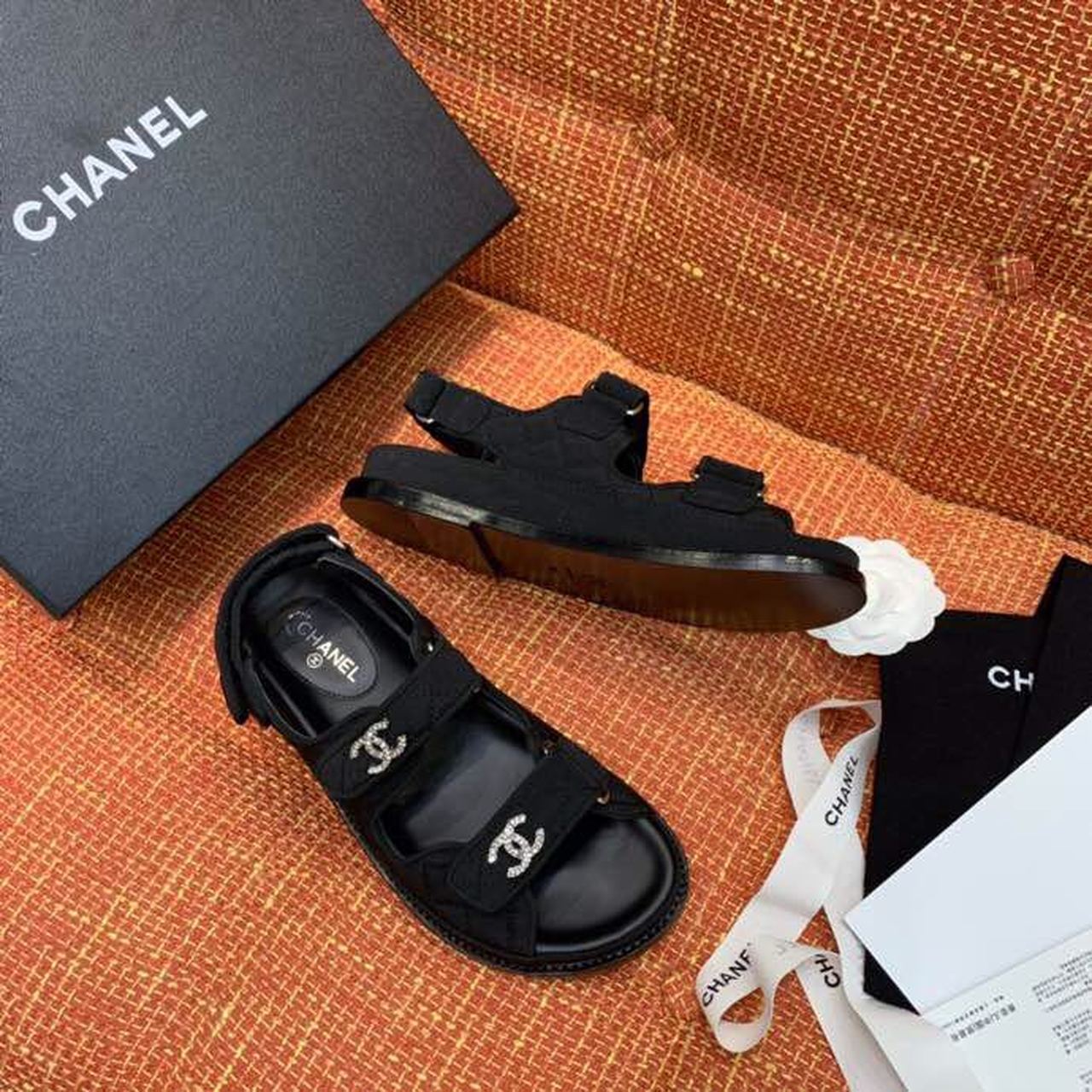 Chanel Jeweled CC Logo Jersey Velcro Sandals Lambskin Leather Spring/Summer Collection, Black