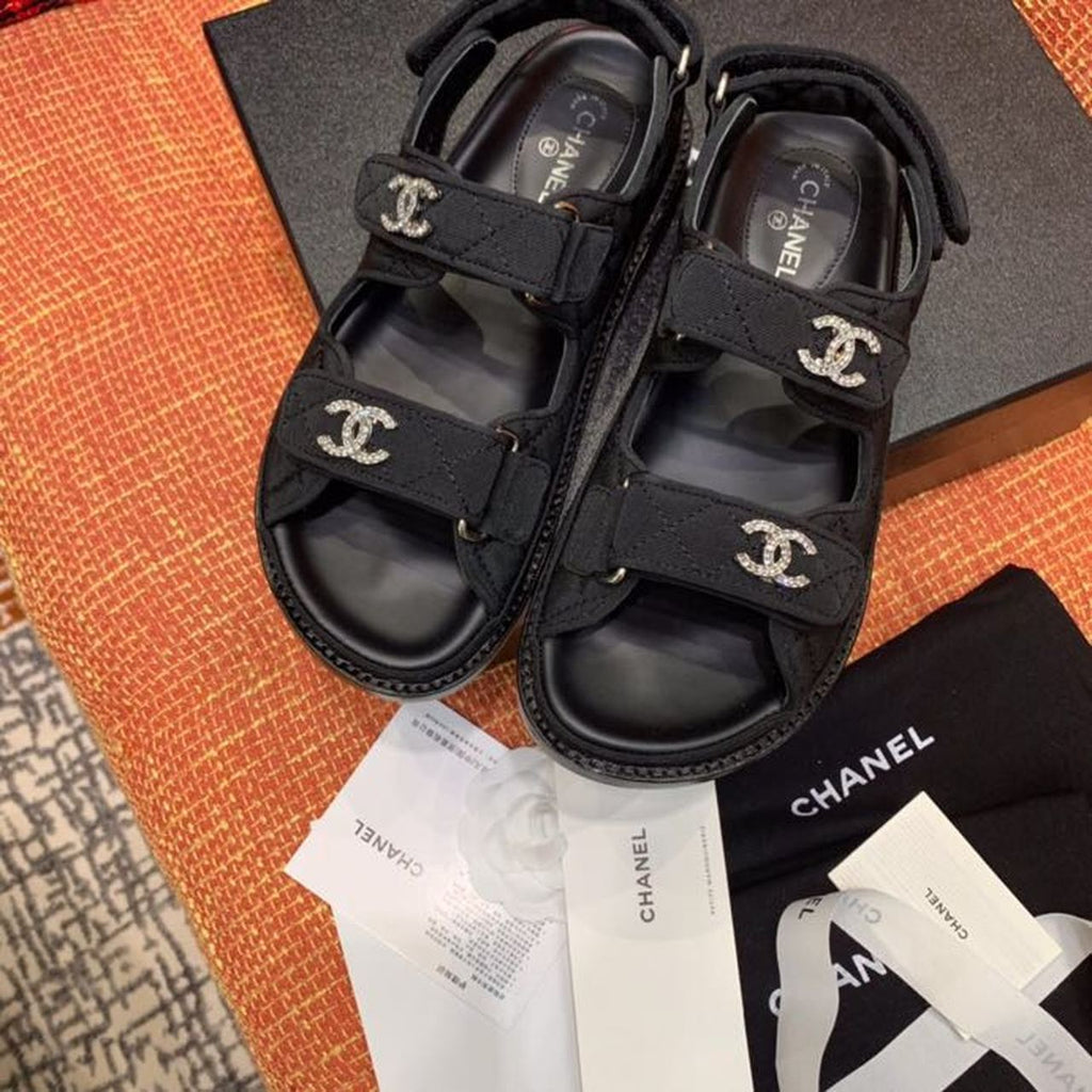 Chanel Jeweled CC Logo Jersey Velcro Sandals Lambskin Leather Spring/Summer Collection, Black