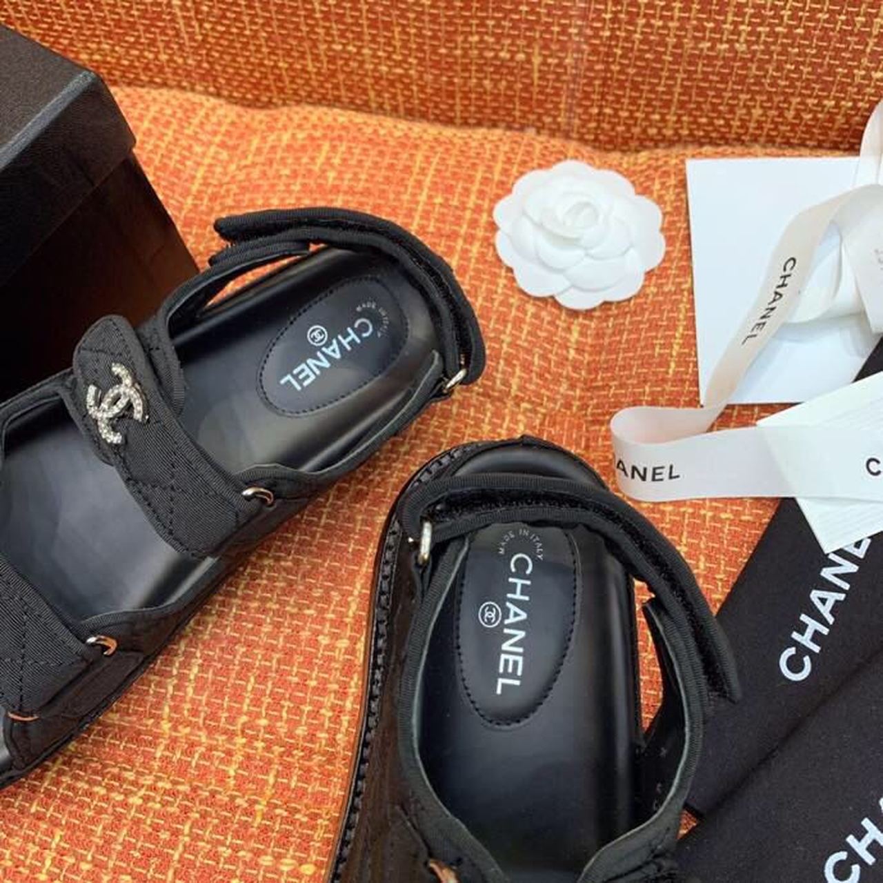 Chanel Jeweled CC Logo Jersey Velcro Sandals Lambskin Leather Spring/Summer Collection, Black