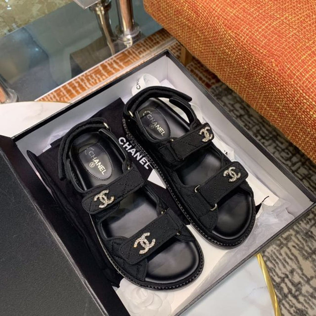 Chanel Jeweled CC Logo Jersey Velcro Sandals Lambskin Leather Spring/Summer Collection, Black
