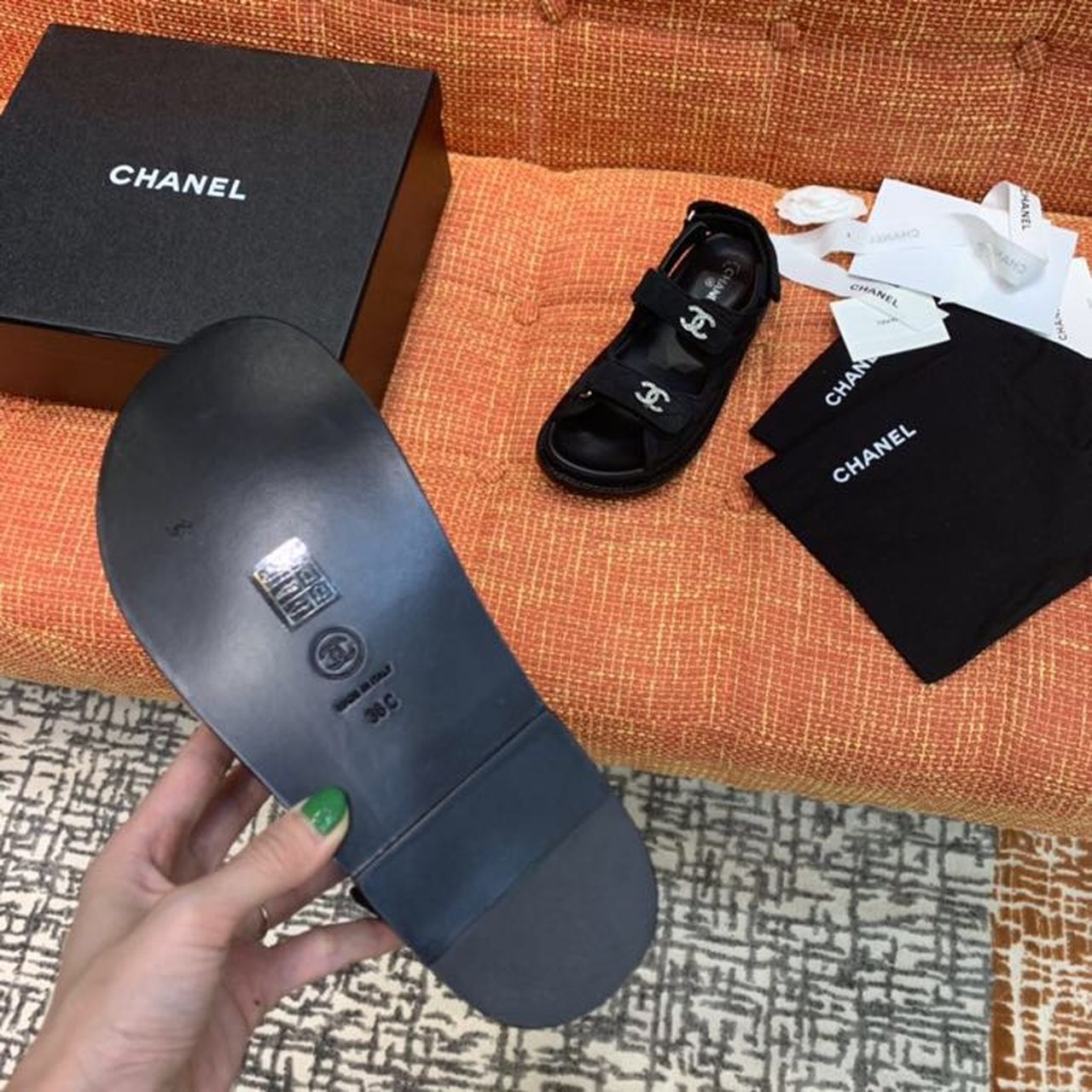 Chanel Jeweled CC Logo Jersey Velcro Sandals Lambskin Leather Spring/Summer Collection, Black
