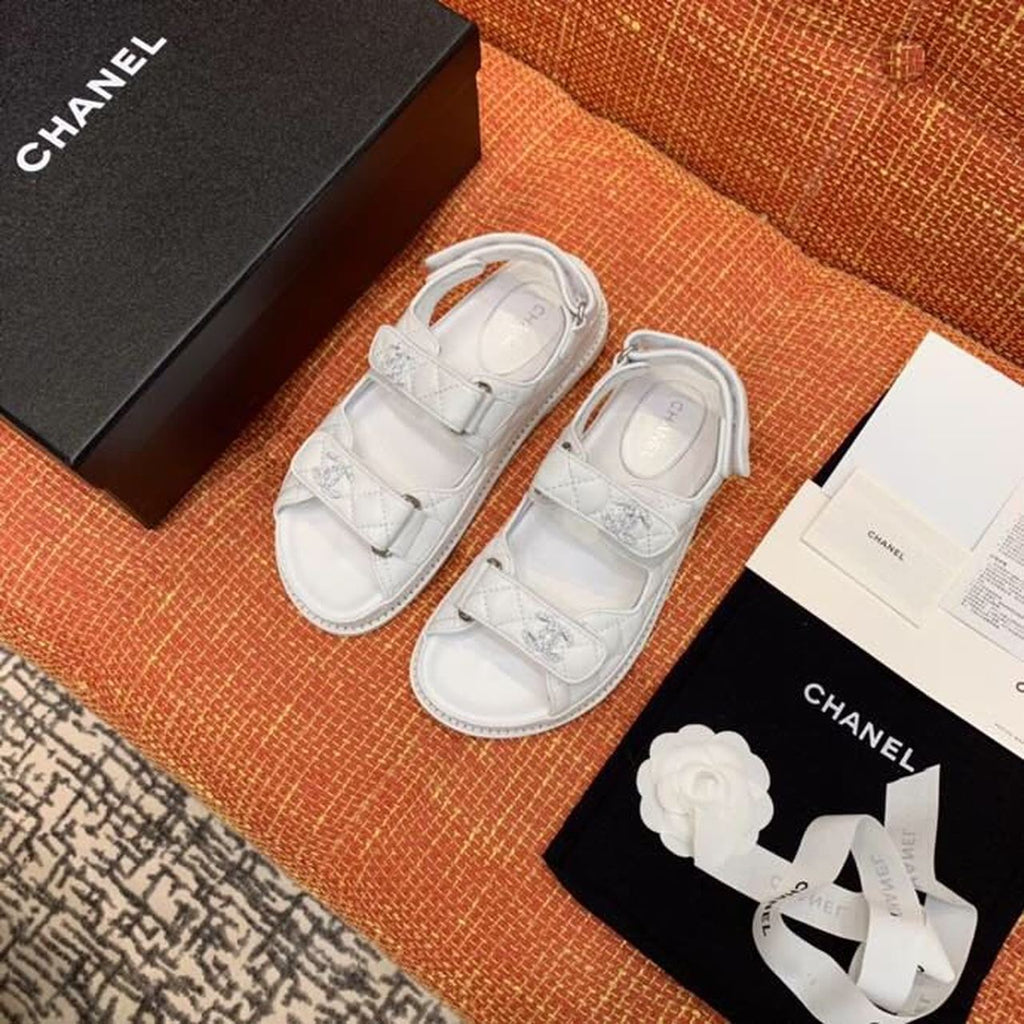 Chanel CC Logo Velcro Sandals Lambskin Leather Spring/Summer Collection, White