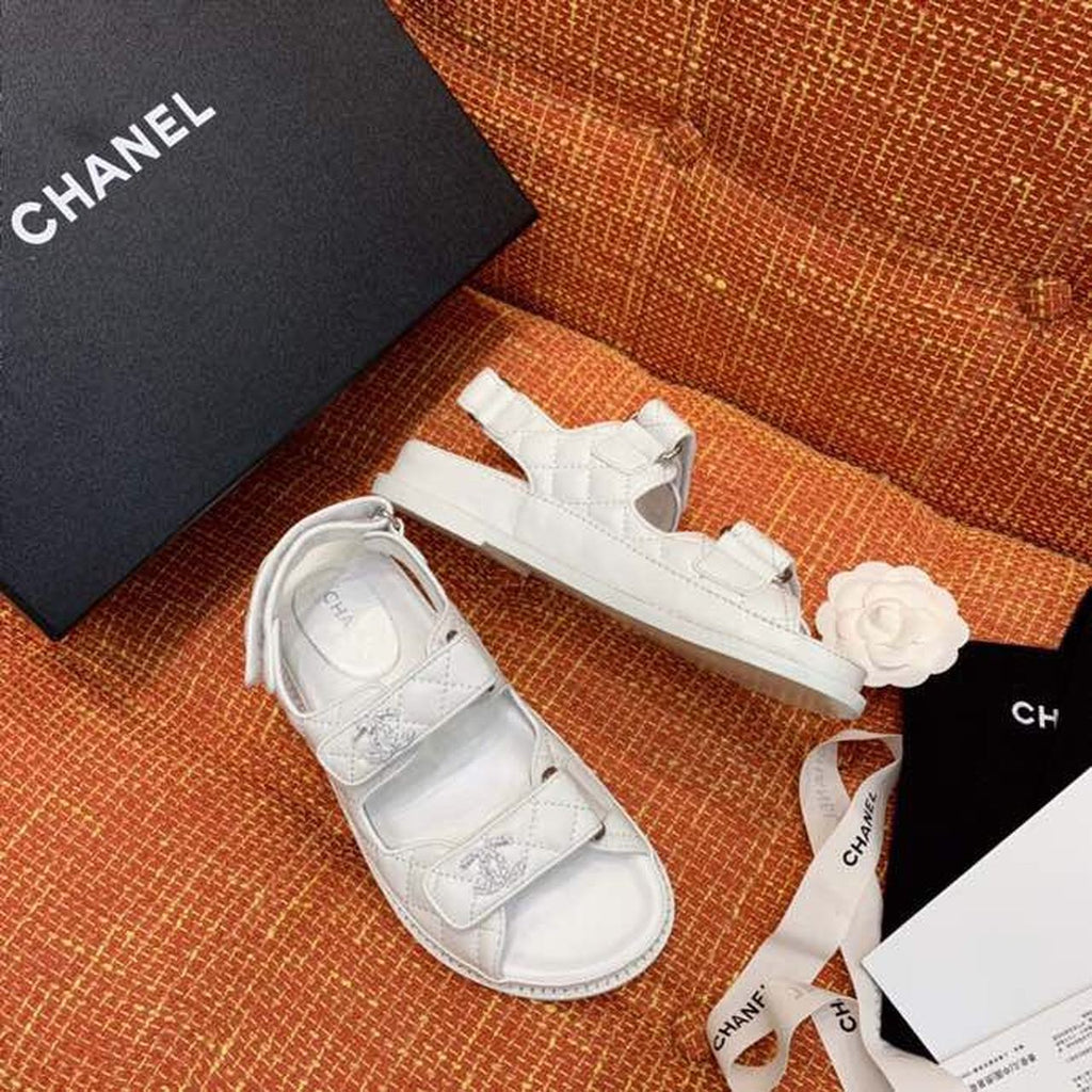 Chanel CC Logo Velcro Sandals Lambskin Leather Spring/Summer Collection, White