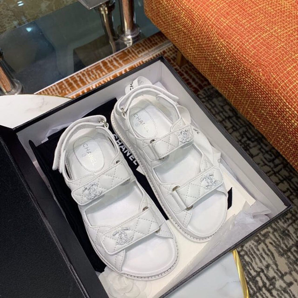 Chanel CC Logo Velcro Sandals Lambskin Leather Spring/Summer Collection, White